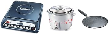 Prestige PRWO 1.8-2 700-Watts Delight Electric Rice Cooker with 2 Cooking Pans - 1.8L, White&Prestige 1600W Induction Cooktop with Push button&Prestige Omega Deluxe Granite Dosa Tawa, 30cm