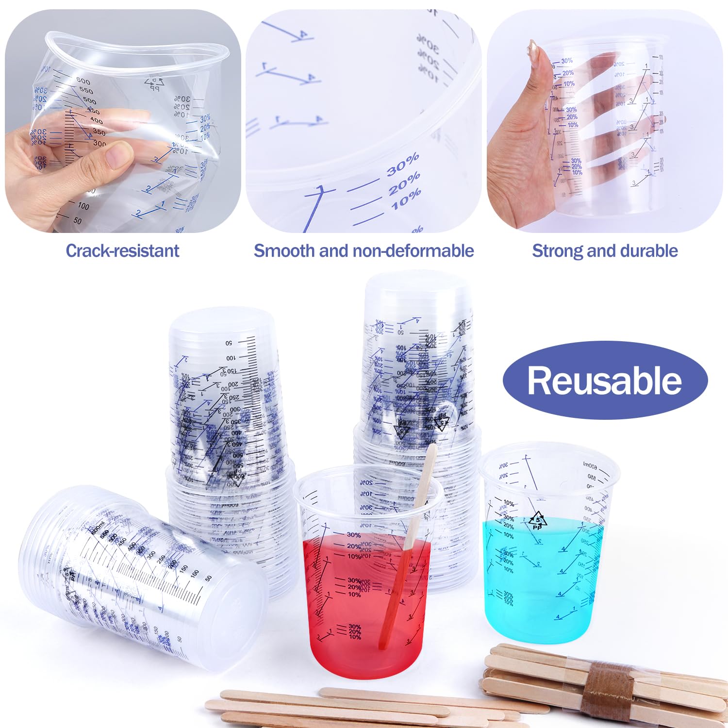 Bicchiere di Miscelazione per Vernici 50 Pezzi 600ml Tazza di Misurazione Misurini in Plastica con Bastoncini di Legno per Miscelazione Liquidi Vernice Pigmenti (600ml-50pcs)