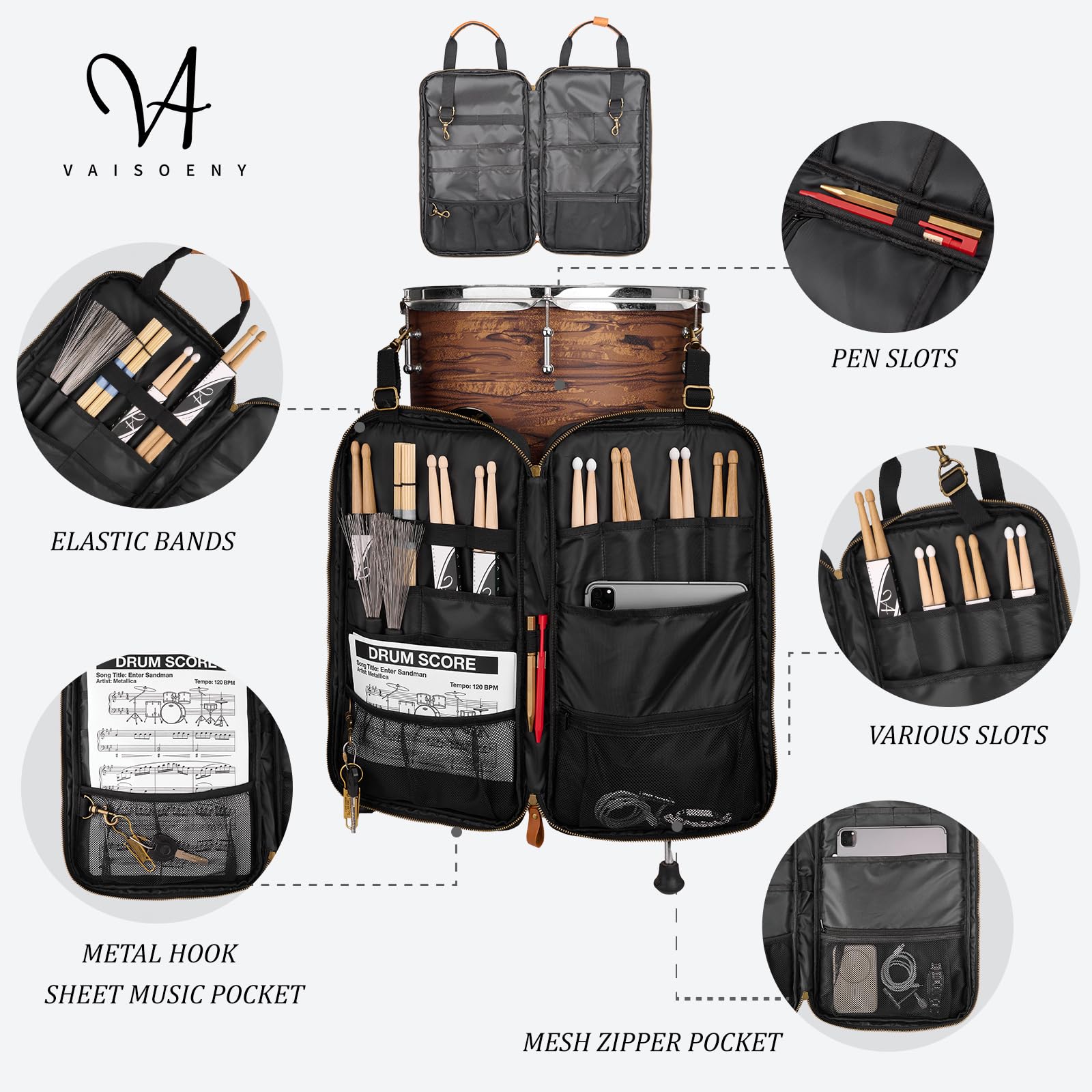 Bolsa para baquetas de batería de lona encerada con asas y correa de hombro desmontable, funda de percusión para bateristas y principiantes (VUK-YLGBB-BLK02 - Negro)