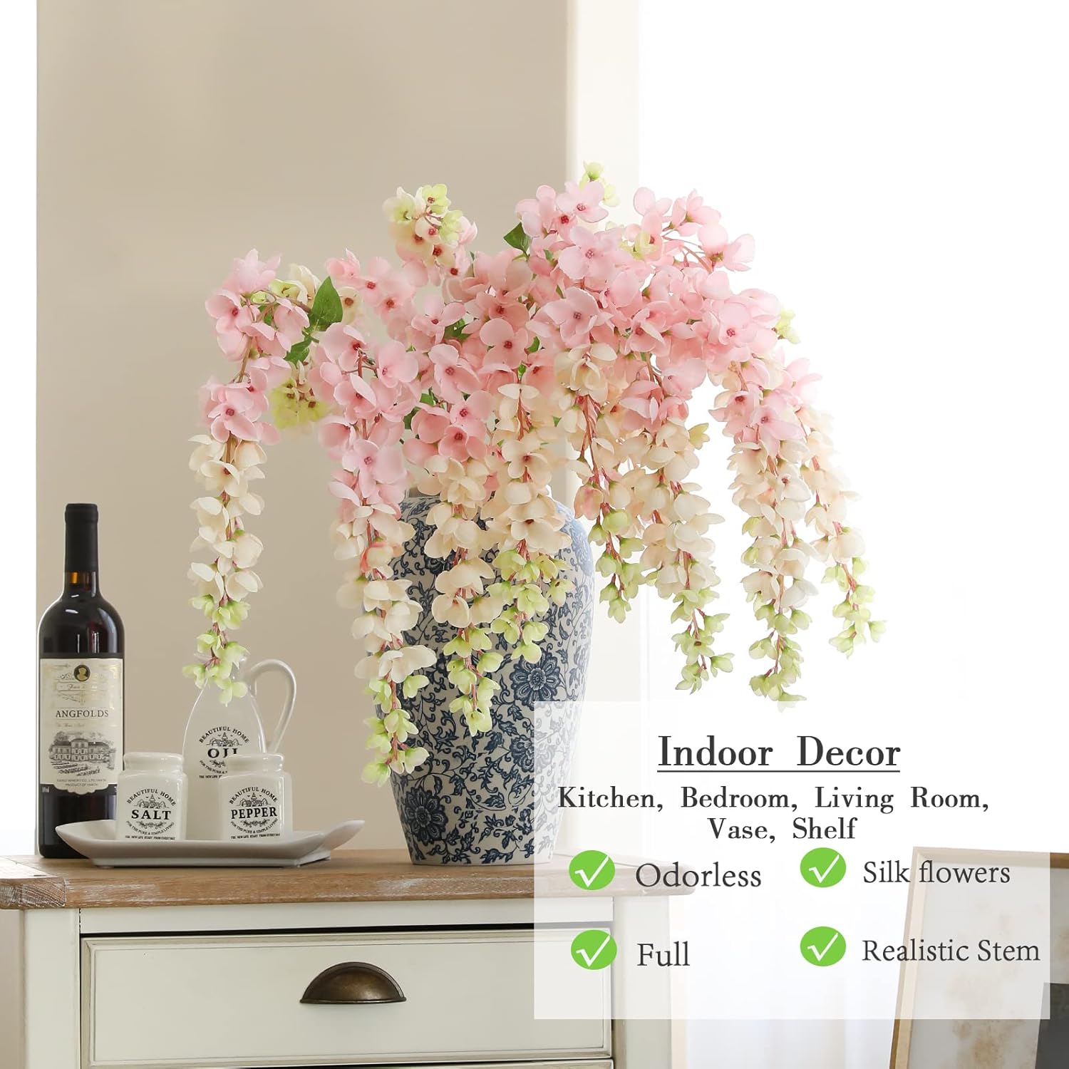 Dailisen 3 Strands 40'' Silk Blush Wisteria Artificial Flowers, Fake Wisteria Floral Hanging Plant Garland, for Home Decor, Party, Floor Vase, Balcony, Wedding Arrangement Decoration (Blush) - Image 3