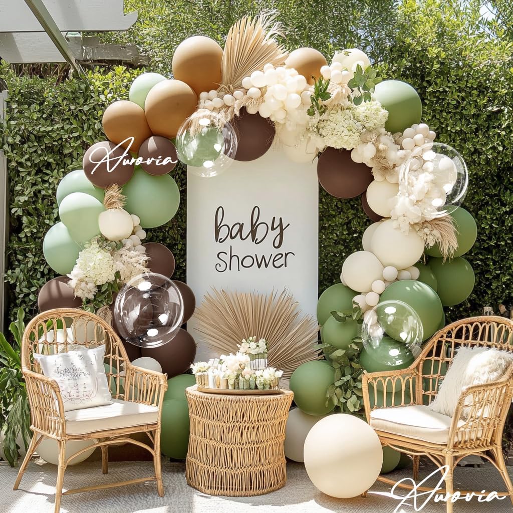 Green White Brown Balloon Garland Double Stuffed Sage Green White Sand Nude Brown Different Sizes 18In 12In 5In Balloon Arch Kit For Baby Shower Gender Reveal Birthday Party Decorations