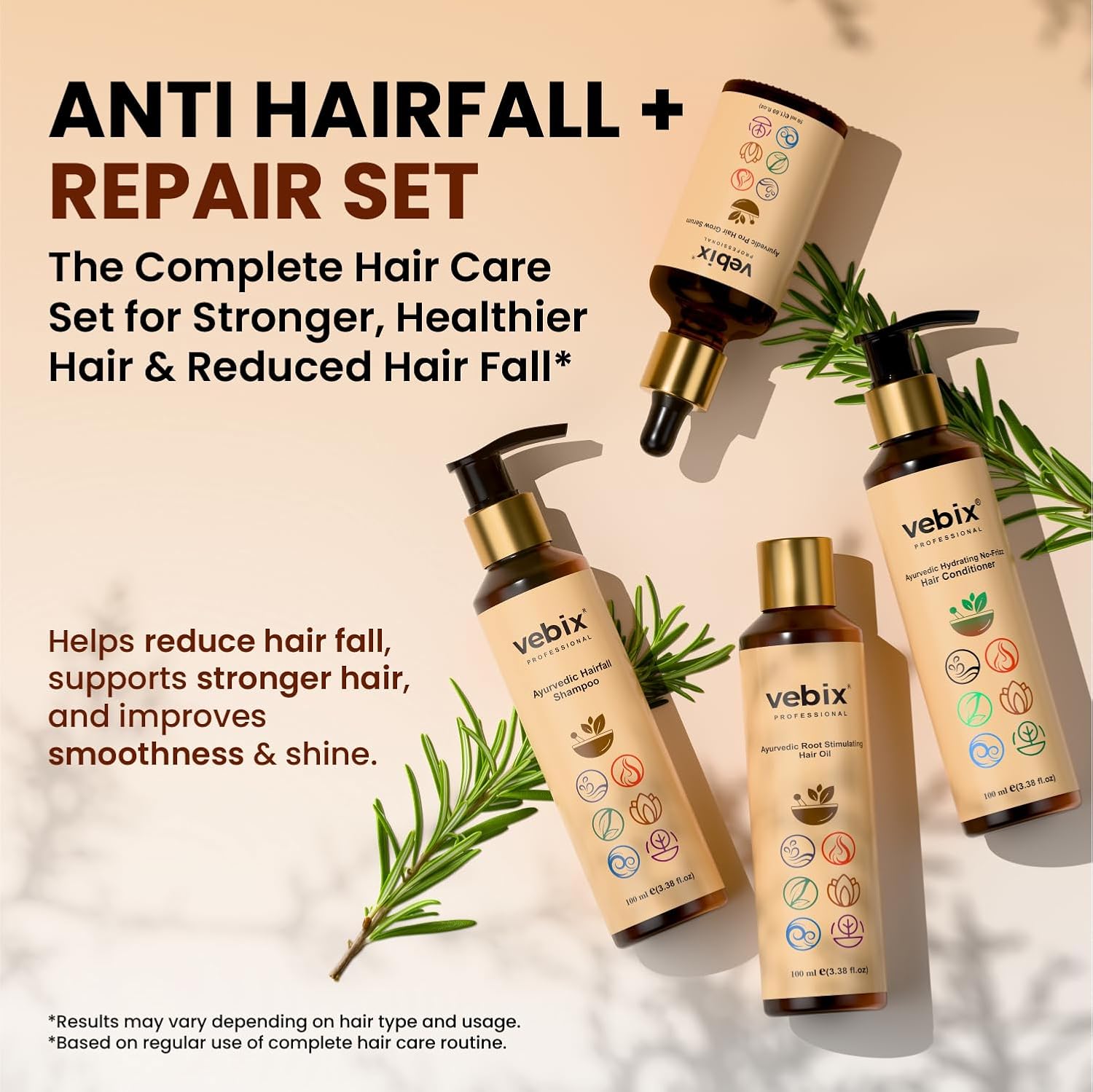 VebixProfessional Customized HairFall Control Regimen Ayurvedic 4 Product Kit | Anti Hairfall Shampoo - Hair Growth Oil, Keratin Conditioner & Hair Growth Serum | All Hair Types (11.85 Fl.oz)