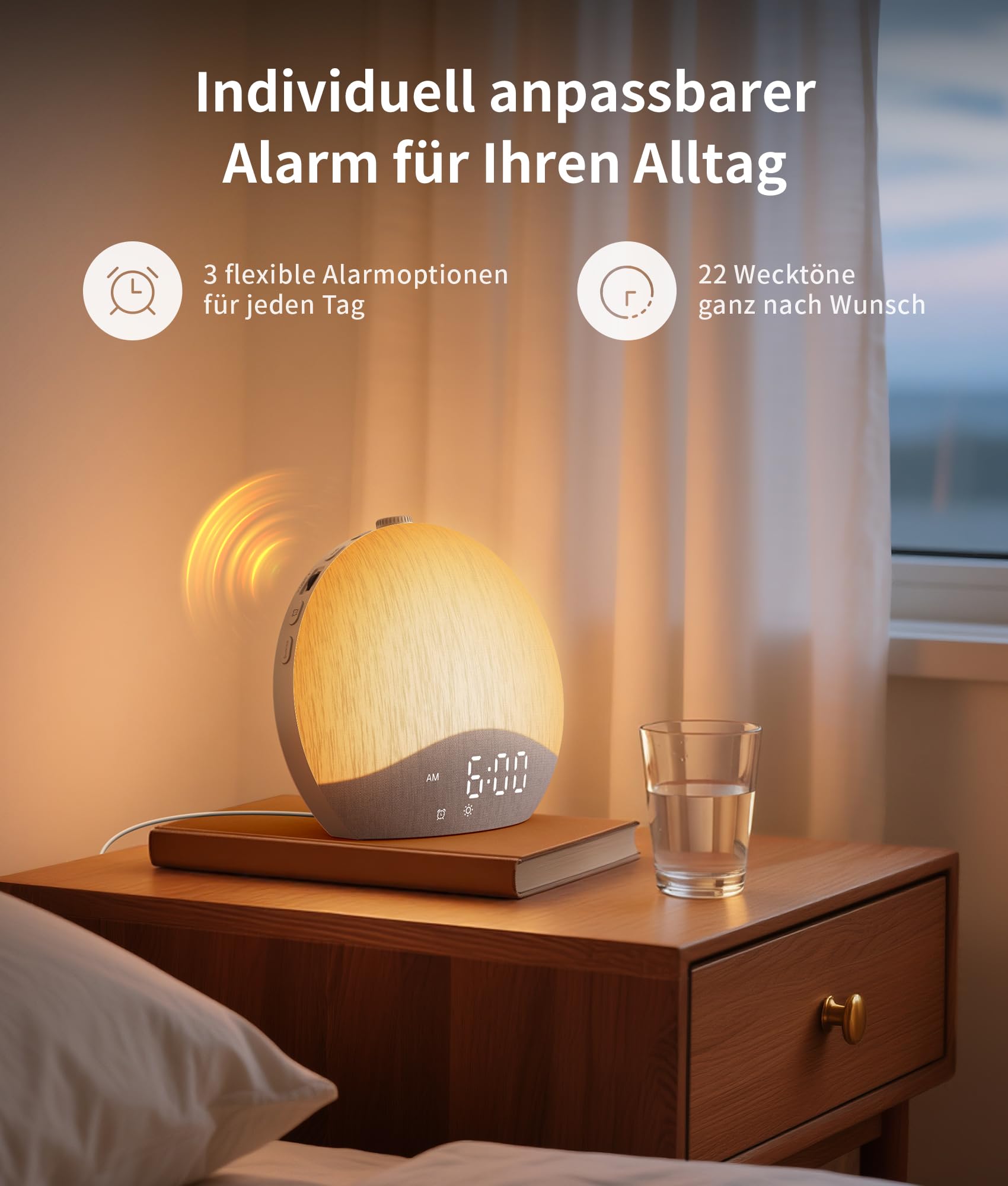 ecozy Tageslichtwecker, Bluetooth-Zeitsynchronisierung, Lichtwecker | 26 Schlafklänge, 17 Nachtlichter, Weißes Rauschen, Baumwoll-Leinen, Sonnenaufgang Wecker für Tiefschläfer/Kinder/Schlafzimmer