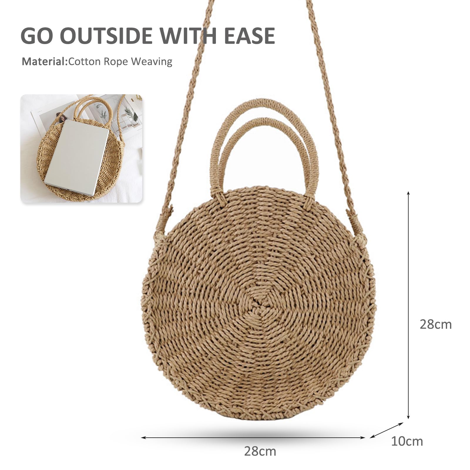 NICOLE & DORIS Bolso de Playa Bandolera Bolso de Paja Redondo Mujer Bolso de Hombro Verano Bolso de Mano Crossbody Bolsa Tejida de Ratán de Verano para la Playa Caqui