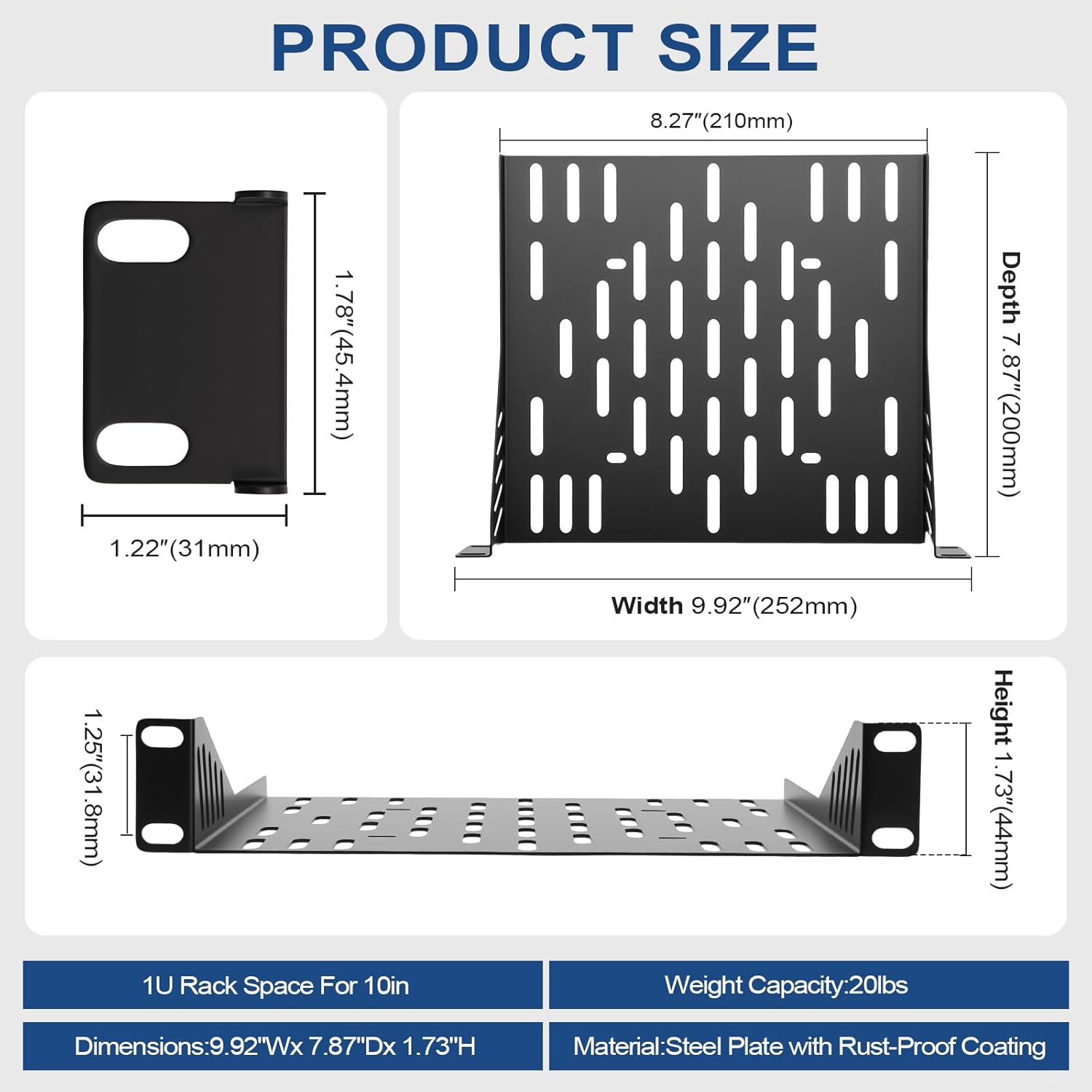 2 Pcs 10 inch 1U Server Rack Shelf,Heavy Duty Vented Rack Mount Shelf for 10" Server Rack & Cabinet,7.87" Depth Shelf with Enhanced Airflow for Network Equipment,Computer Racks & Cabinets