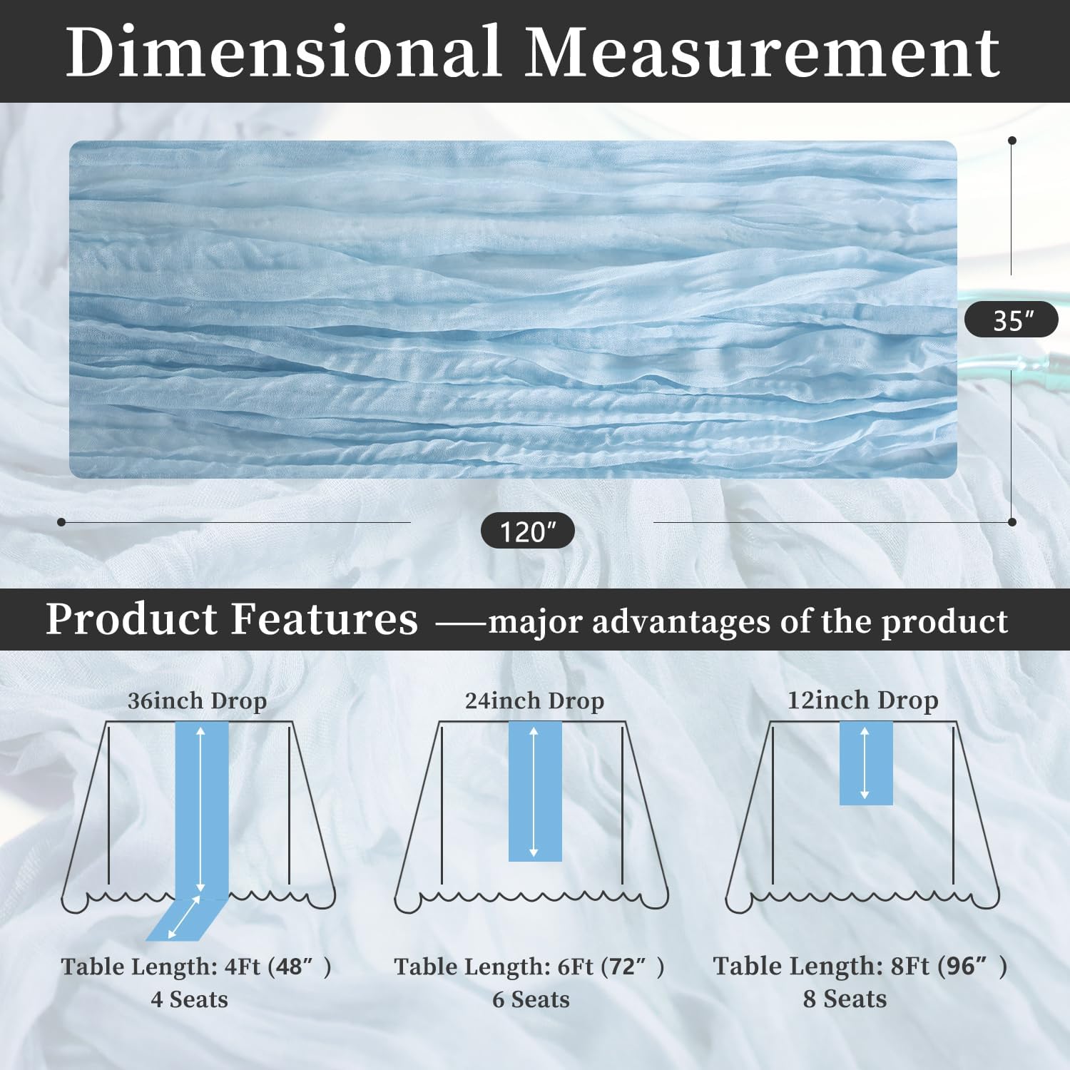 16 Pack Dusty Blue Cheesecloth Table Runner 10 ft, Long Boho Gauze Table Runner, Rustic Cheese Cloth Table Runner for Wedding, Dinner, Baby Shower(Dusty Blue 36#-16p)