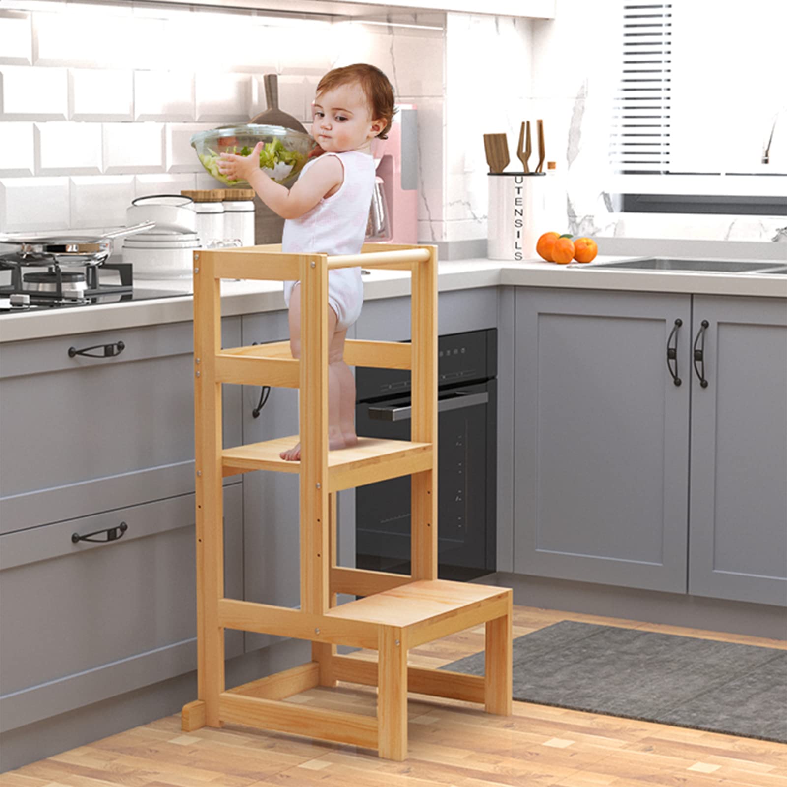 AMBIRD Toddler Step Stool, 3 Adjustable Height Kitchen Step Stool for 18-48 Months Kids, Wooden Toddler Kitchen Stool with Rail & Non-Slip Mat for Kitchen & Bathroom Sink (Natural Color)