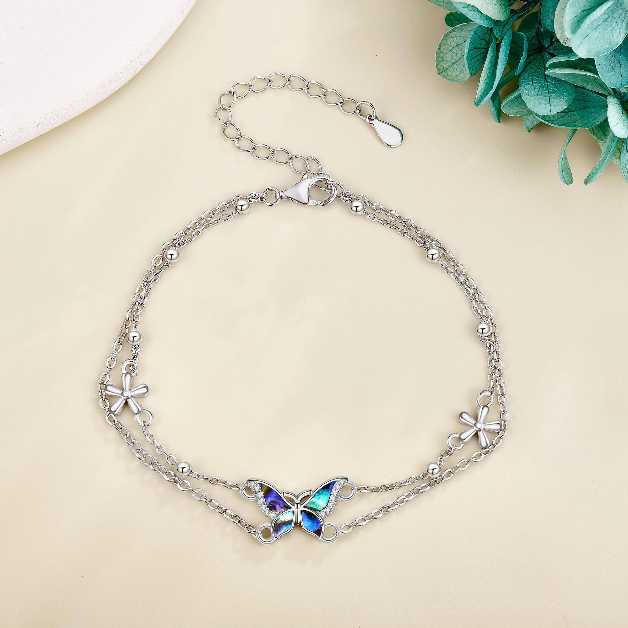DAYLINLOVE Doppellagig Insekt Vogel Armband 925 Sterling Silber Schmetterling/Biene/Pfau/Libelle/Eule/Motte/Kolibri/Taube Armband Abalone Muschel Schmuck Geschenke für Damen Mädchen