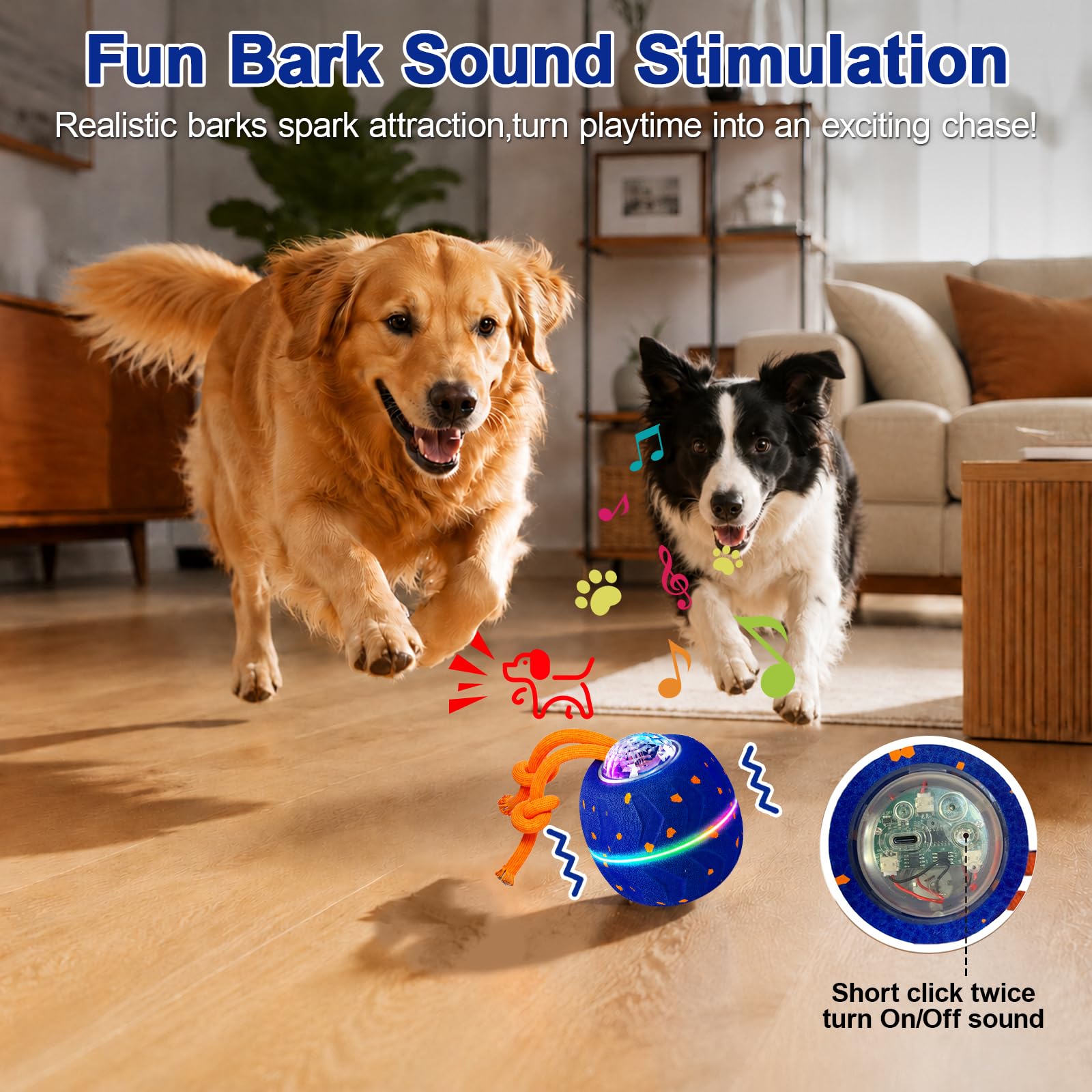 Palla giocattolo interattiva per cani, palla elettrica per cani con corda e urlo per cani, ricaricabile con USB-C e luce LED, giocattolo intelligente per cani con 3 modalità di gioco, adatto per cani