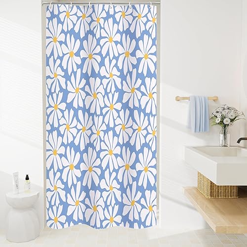 Miniatura 51 de Cortina de ducha floral de margaritas azules, cortina de ducha bohemia con flores de primavera para baño femenino, juego de cortina de ducha moderna