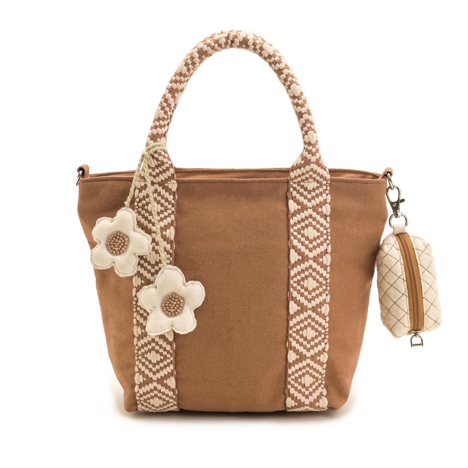 Desert Bloom Tote Bag for Women – Woven Boho Handbag with Pouch, Geometric Pattern, Flower Tassels – Beach Travel Tote, Spacious & Stylish Everyday Bag-image-7