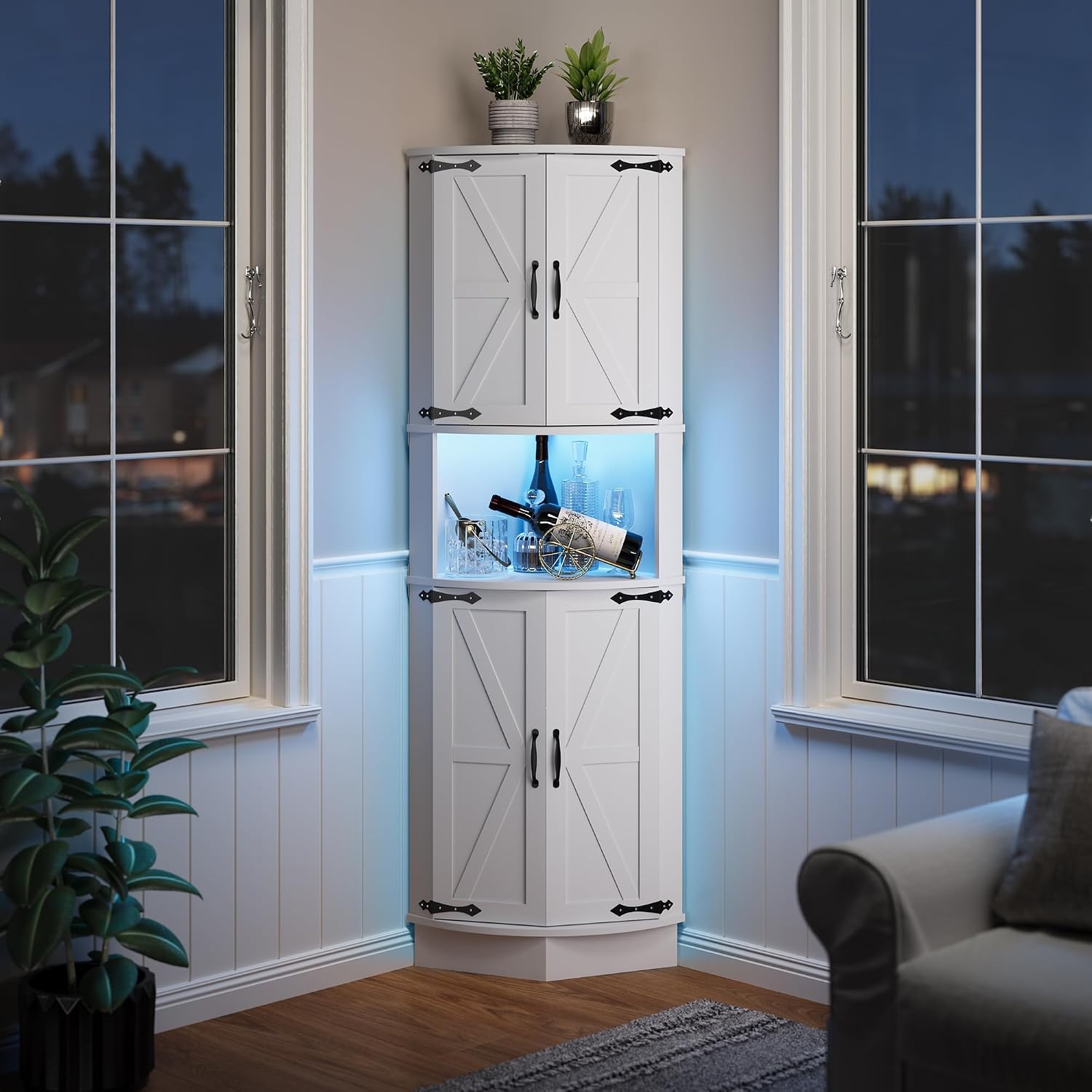 TrailBlaze 64.6" Farmhouse Corner Cabinet with LED Light, with 7 Color LED Lights, 5-Tier Display Case, Freestanding Corner Storage Cabinet, with USB Ports & Outlets for Living Room, Kitchen, Bar