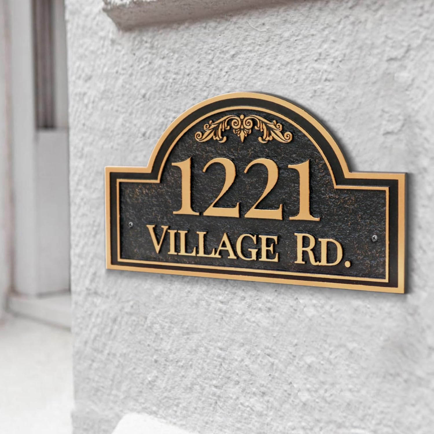 Personalized Address Plaque WALL MOUNTED House Number Sign,Custom Address Sign for Outside Mailbox,Street,Apartment,Office (Arch Style 1,Black/Rose Gold)