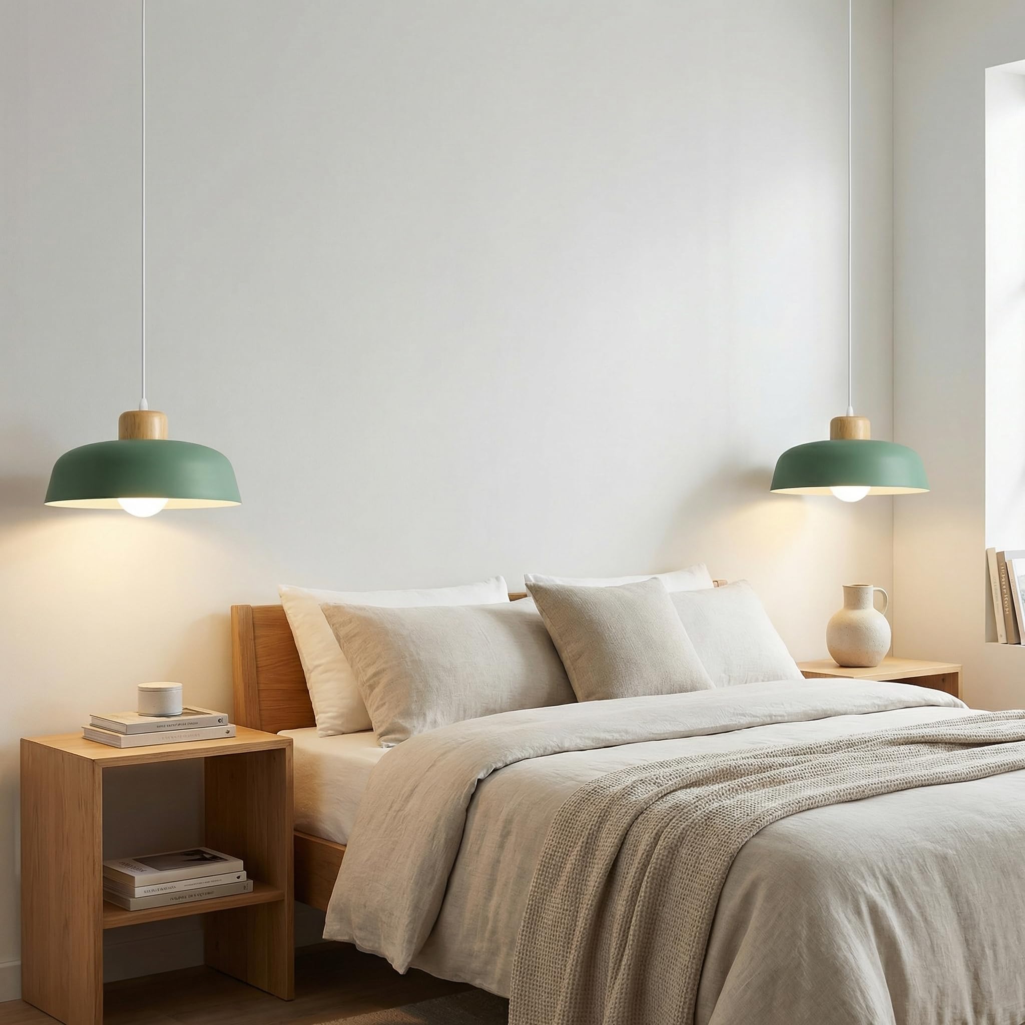 Nordycka nowoczesna, prosta metalowa lampa wisząca, E27, drewniana oprawa, 30 cm, lampa wisząca, żywy kolor do kuchni, sypialni, salonu (zielona)