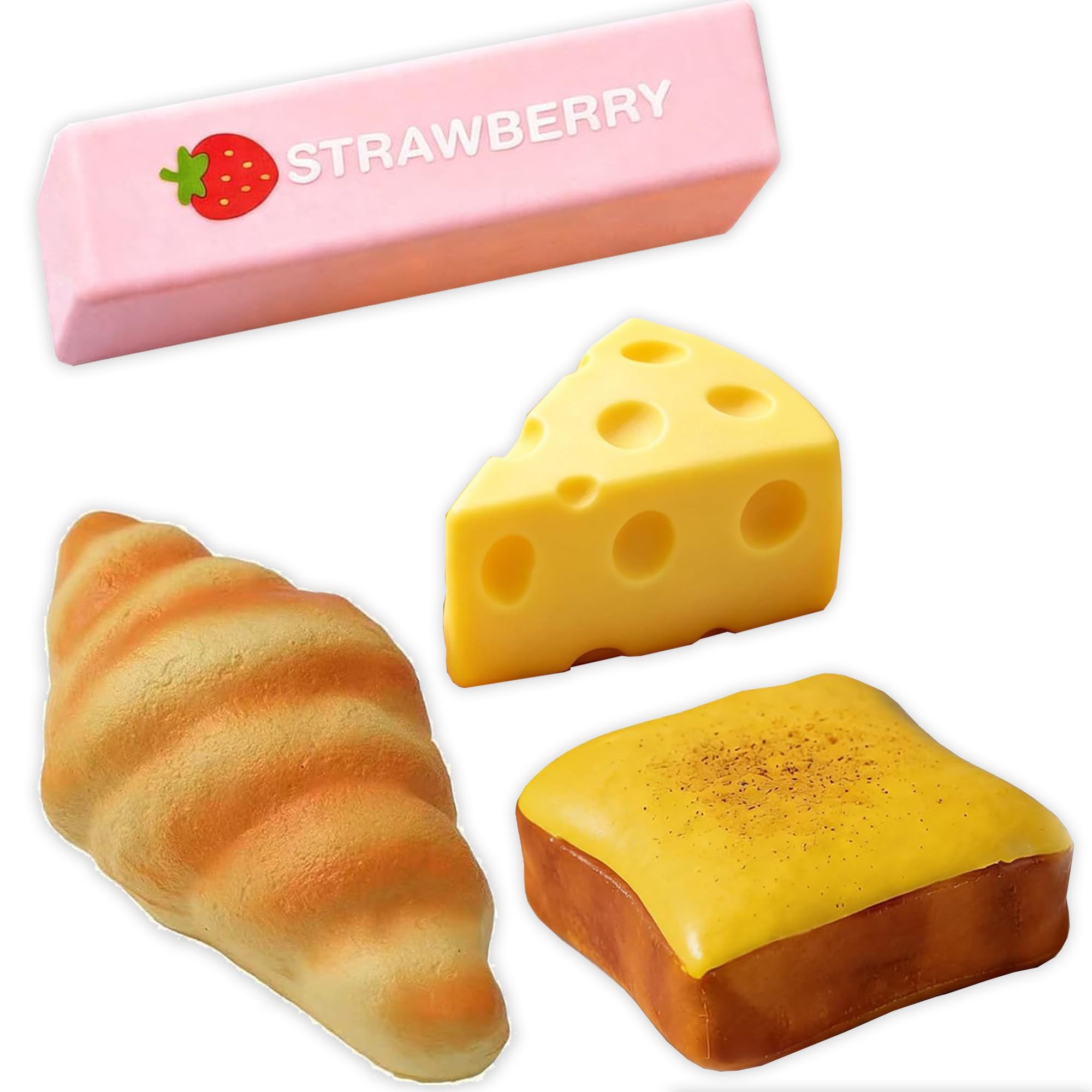 4Pcs Squishy Toys Set, Slow Rising Butter Cheese Squishy, Toast Bread and Croissant Squishies,Slow Rising Squeeze Toys for Stress Relief, Fidget Sensory Toys, Party Favors, Desk Toys, Gifts for Adults