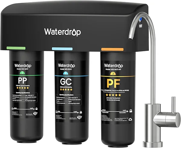 Waterdrop TSB-PF Under Sink Water Filter, 𝐑𝐞𝐝𝐮𝐜𝐞𝐬 𝟖𝟎+ 𝐈𝐦𝐩𝐮𝐫𝐢𝐭𝐢𝐞𝐬-Chlorine, Chloramine, Fluoride, PFAS, Taste&Odor, 9 Layer Under Sink Water Filtration System,with A Separate Faucet