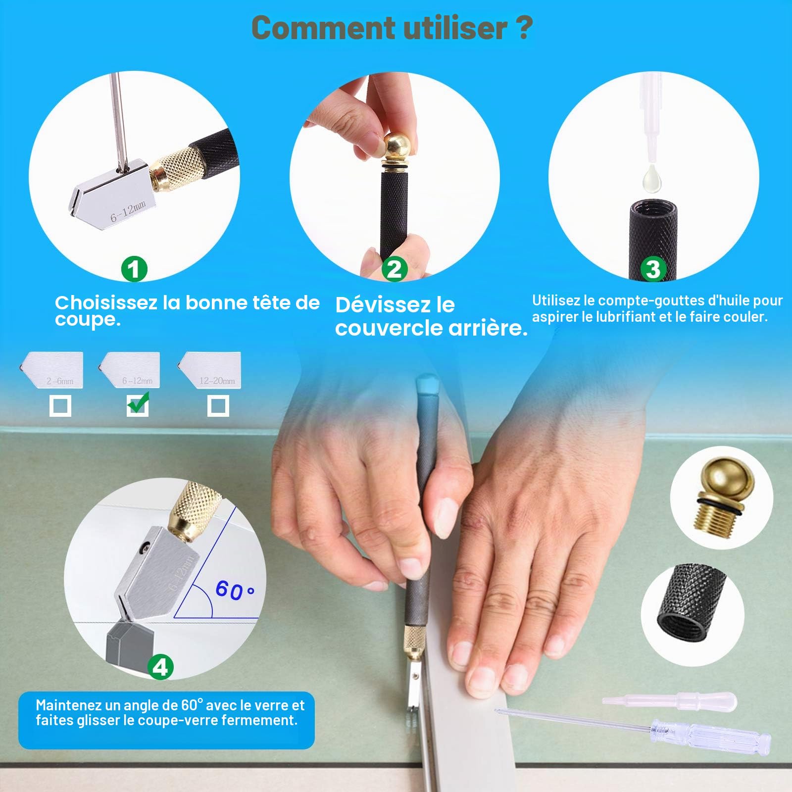 Glarks Ensemble de 4 pinces robustes pour verre courant - Pinces à briser et à tailler, pince coupe-verre et pointe en carbure alimentée à l'huile pour mosaïque et carreaux
