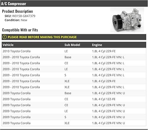 Miniatura 2 de Compresor de AC - Compatible con Toyota Corolla 2009-2010