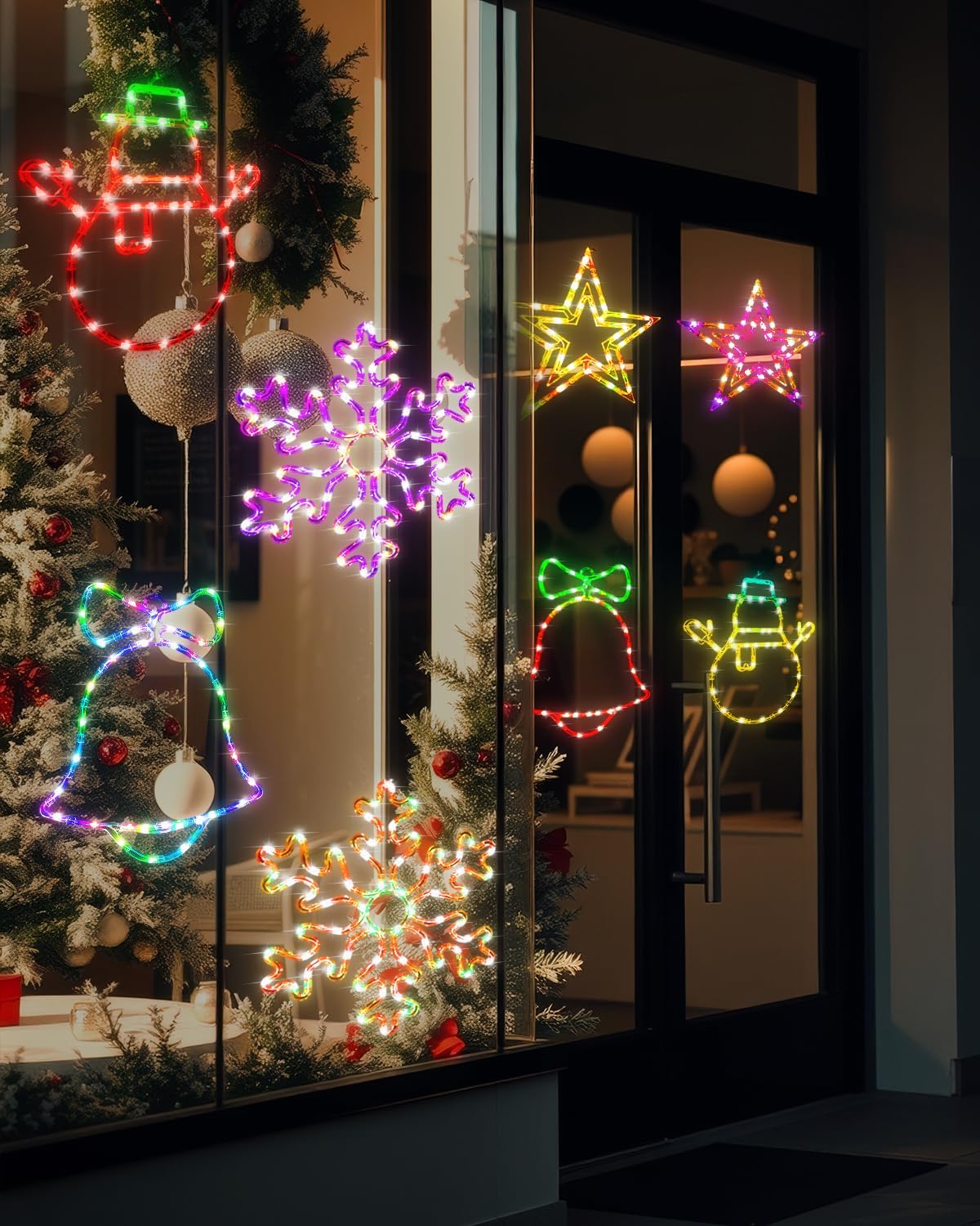 15'' Smart Christmas Window Lights 4 Pack, Color Changing Window Silhouette Lights, Timer, App Control, Music Sync, Bells, Snowflake, Star, Lighted Christmas Decorations for Indoor Outdoor