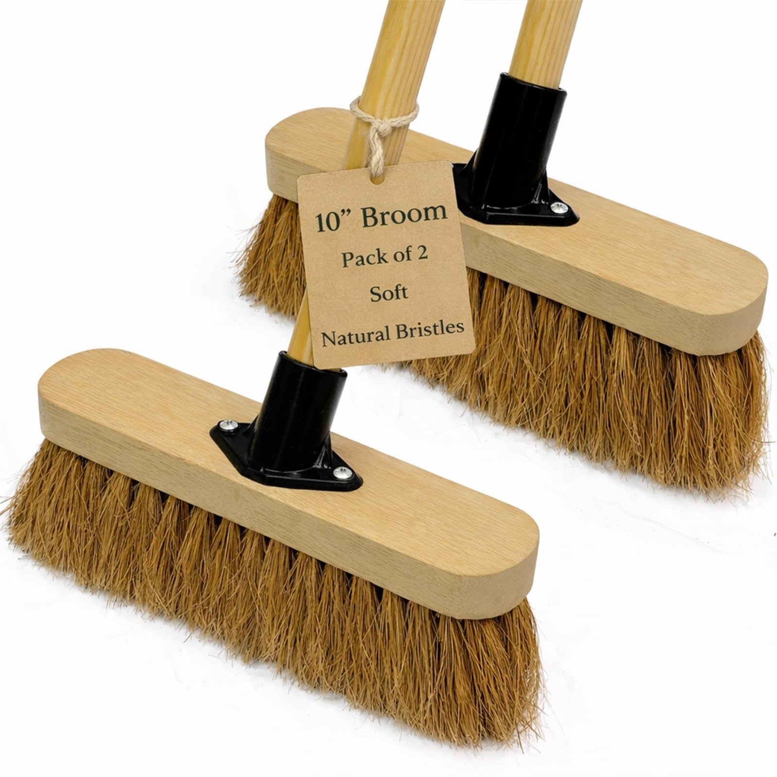 10” Soft Broom Indoor with Wooden Handle Natural Coco Bristles Sweeping Brush with Durable Support Bracket for Cleaning Any Surface Wooden Floor Decking and Paving Slabs (2)