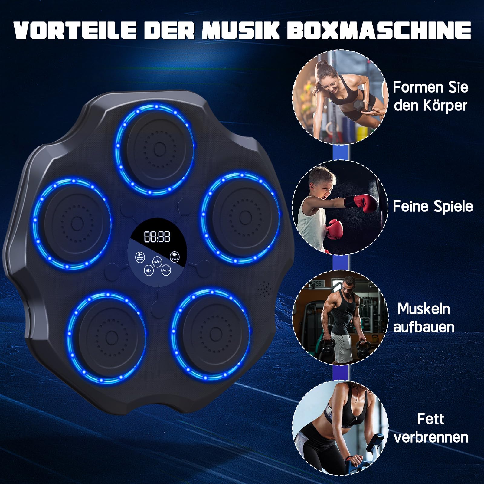 Lvelfe Music Boxing Machine à musique électronique LED avec gants de boxe, 9 modes de vitesse et mode de comptage Prise en charge Bluetooth, cadeau pour adultes et enfants Exercise