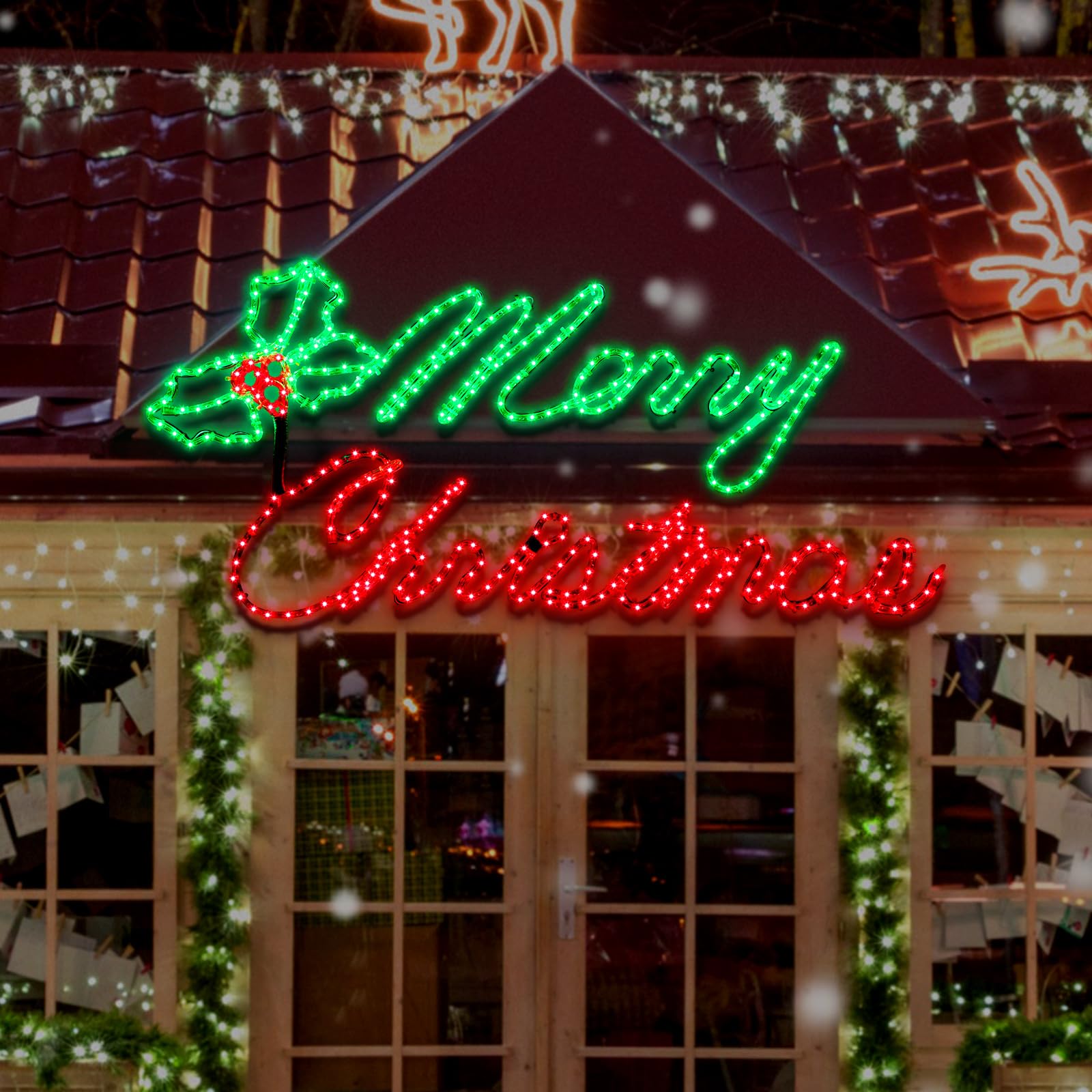 Tujoe Merry Christmas Light Sign 49" x 26" 630 LED Large Christmas Green and Red Light up Sign Outdoor Leds Xmas Lighted Decorations for Outdoor Home