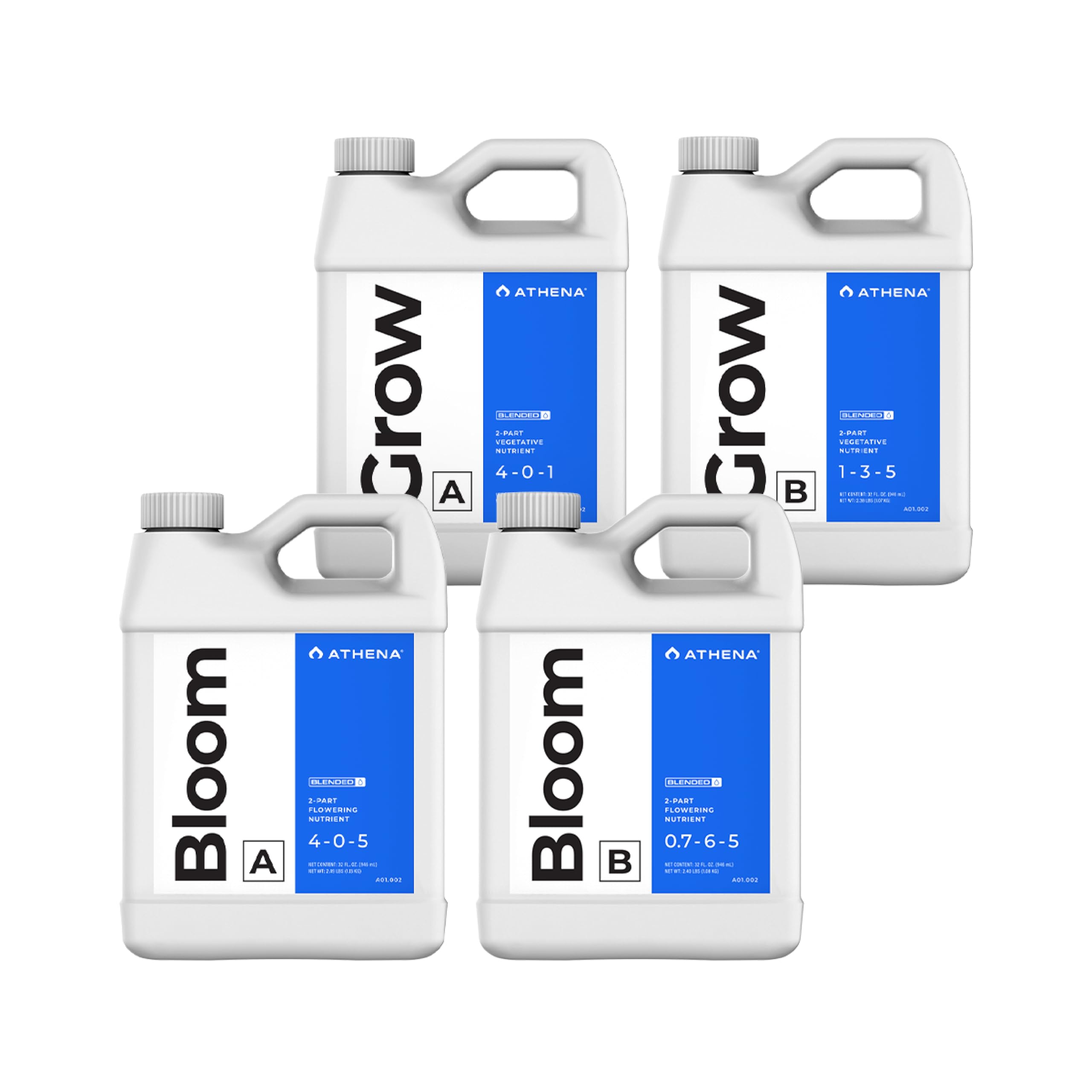 Athena Blended Grow & Bloom A&B 4 Part Hydroponic Fertilizer 32 oz Grow & Bloom Base Kit (4 Bottles)