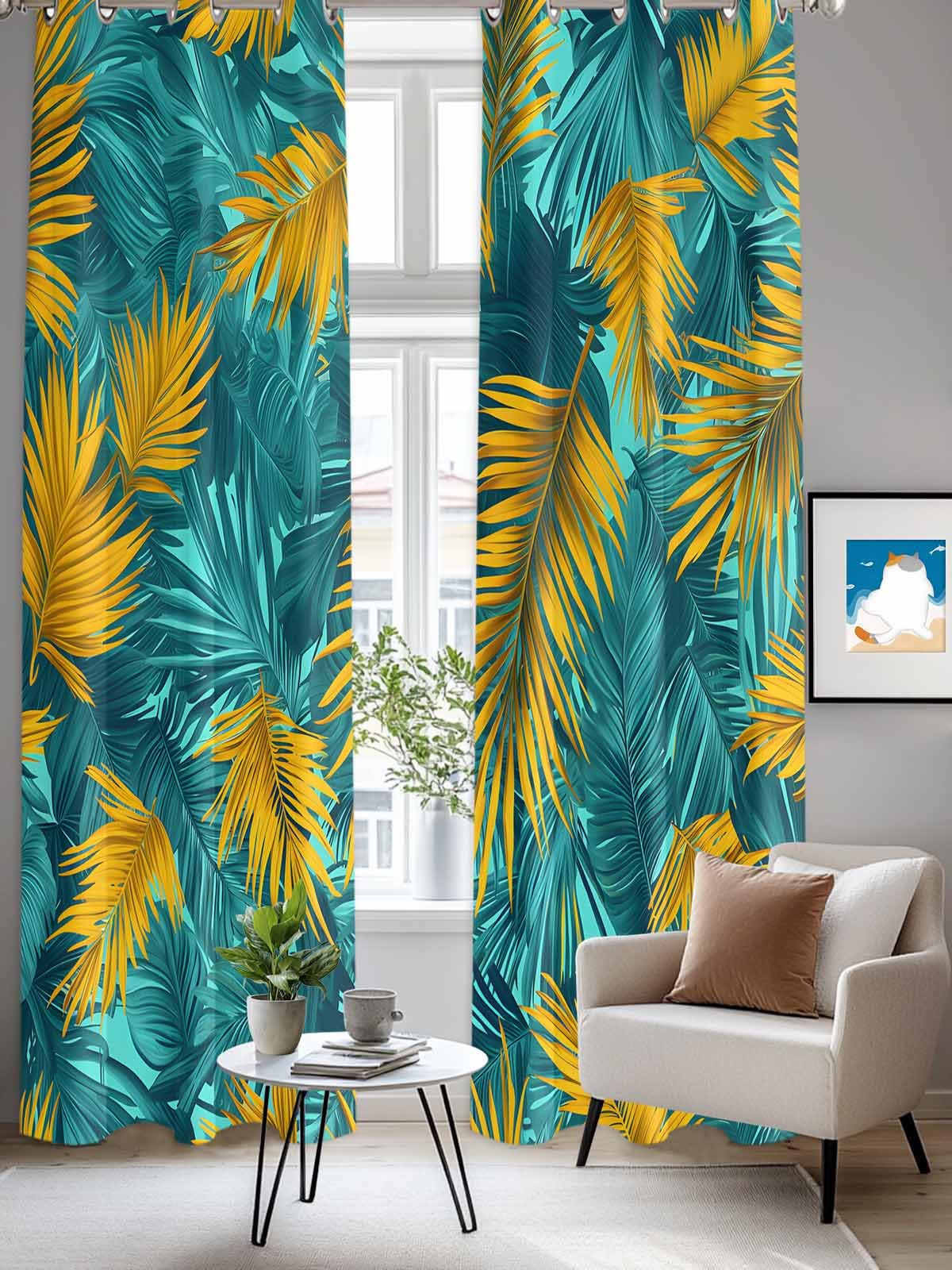 Tropical Leaves Window Curtains Panels with Silver Grommet,Retro Pastel Turquoise Gold Palm Plant Kitchen Cafe Curtain Draperies Window Treatment Set for Living Room/Bedroom/Bathroom/Cafe,84x84