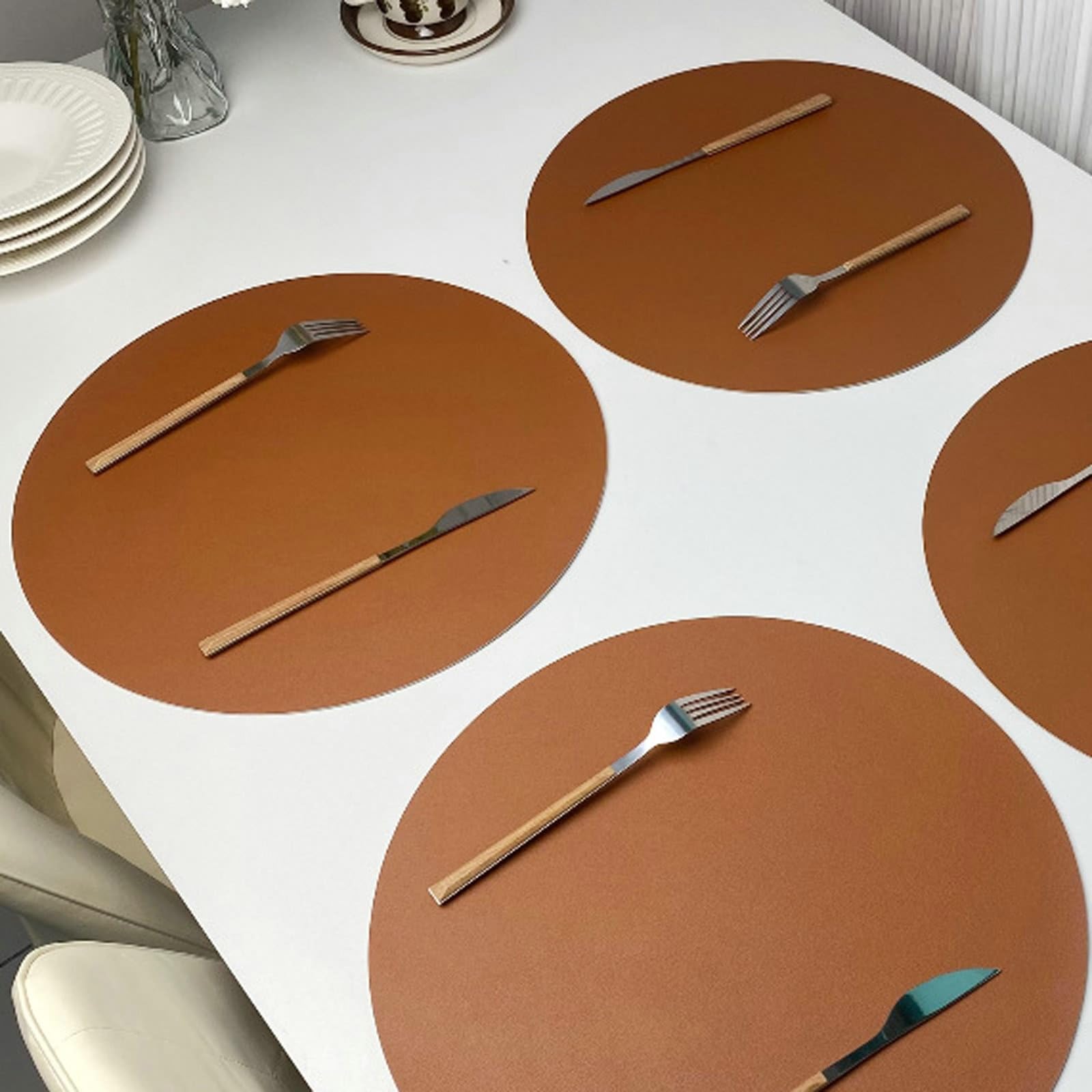 Platzsets Wendbar Kunstleder Doppelseitig Zweifarbig Braun Grau USA, Rund Tischmatte 38cm 8er, Tischset PVC Leder Abwischbar für Küche Speisetisch