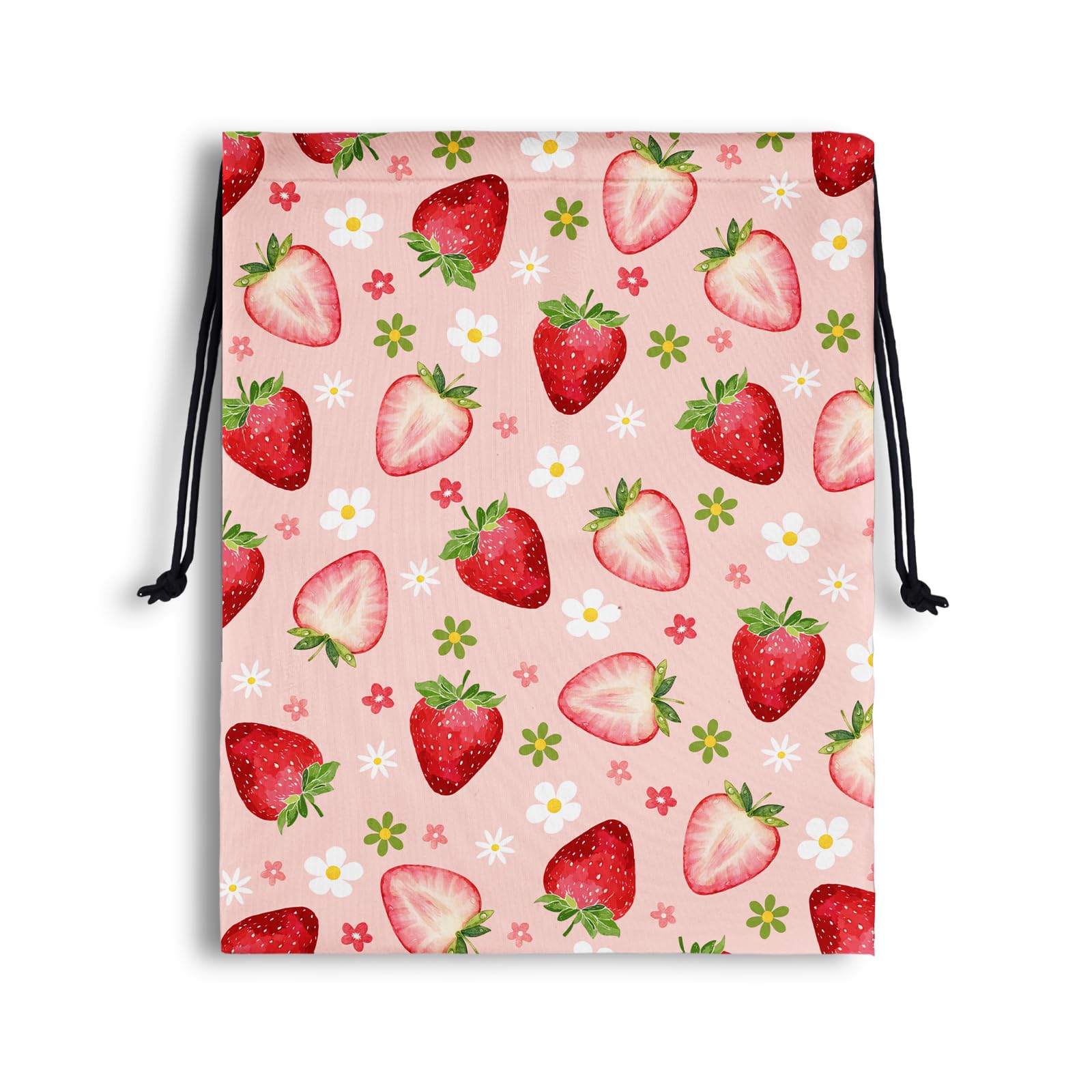 Strawberry Storage Bag With Drawstring Small Flowers Print Waterproof Pouch for Travel Beach