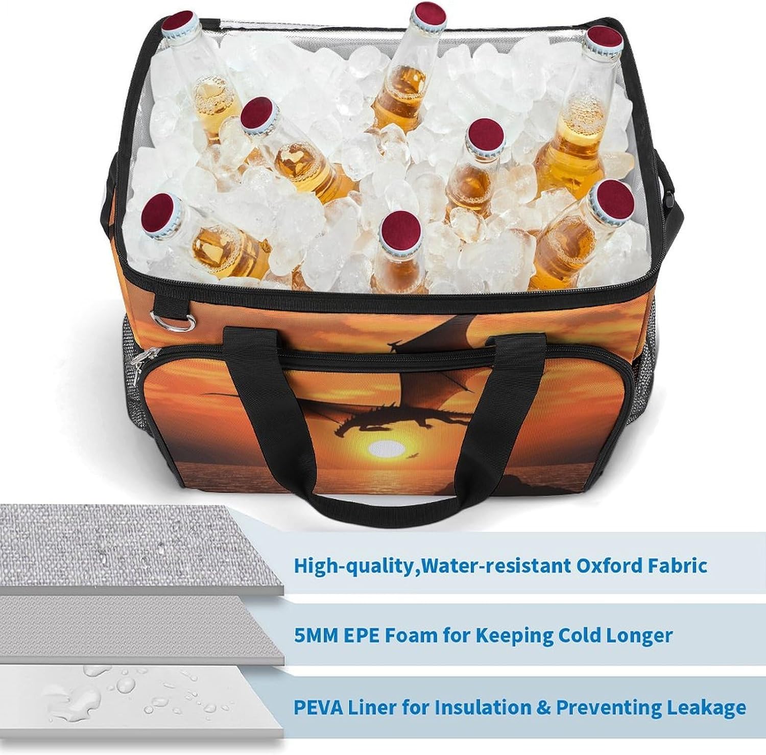 Large Capacity Oxford Cloth Sea Sunset Flying Dragon Printed Camping Ice Bag, Outdoor Portable Insulation and Cooling Bag, Suitable for Outdoor Camping and Picnics
