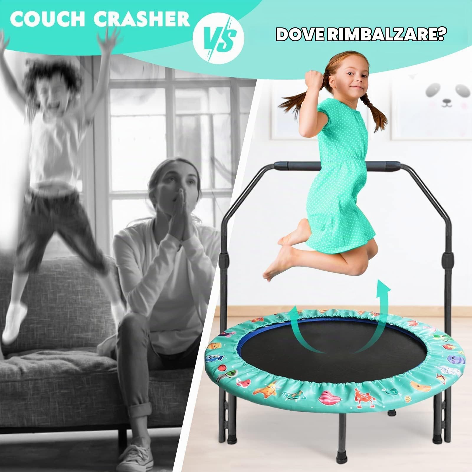 Trampolino per Bambini Ø92 cm,Pieghevole Tappeto Elastico Bambini da Esterno e da Interno,Capacità di Carico 60 KG,Mini Trampolino Con Corrimano Regolabile E Copertura Imbottita