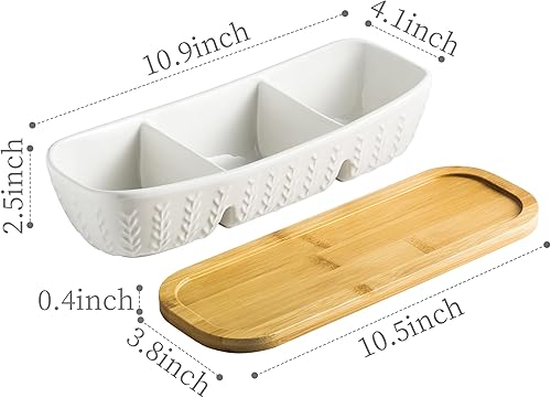 Miniatura 2 de Bandeja de condimentos de 3 compartimentos, recipiente para patatas fritas y salsa con bandeja de madera para servir, perfecto para aperitivos