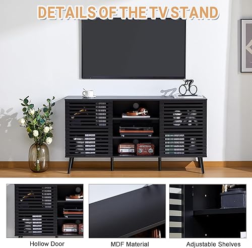 Miniatura 7 de Soporte de TV para TV de más de 55 pulgadas, centro de entretenimiento bohemio con armarios de almacenamiento, consola de TV moderna de mediados de