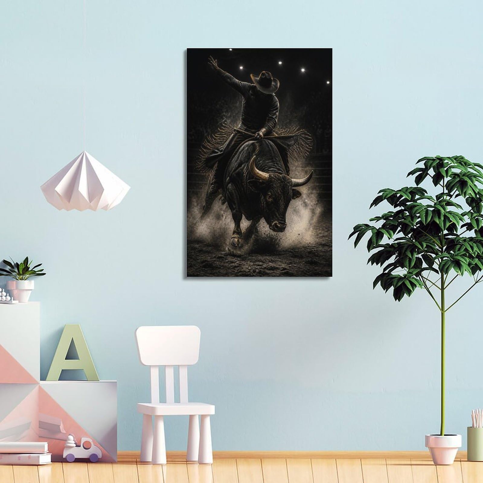 OKAHYS Poster Night Arena Rodeo Bull Rider sur toile - Décoration murale moderne pour famille, cave, salle de jeux, chambre de garçons et de filles - 40 x 60 cm