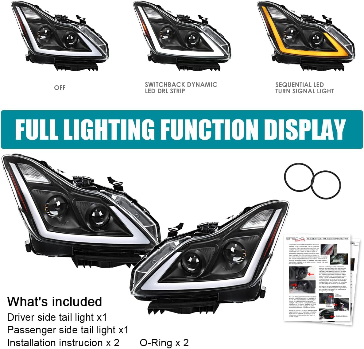 SPEC-D TUNING Black Projector Headlights w/LED Sequential Turn Signal and Startup Animation Compatible with 2008-2015 Infiniti G37, Q60 2DR Coupe, Left + Right Pair Headlamp Assembly