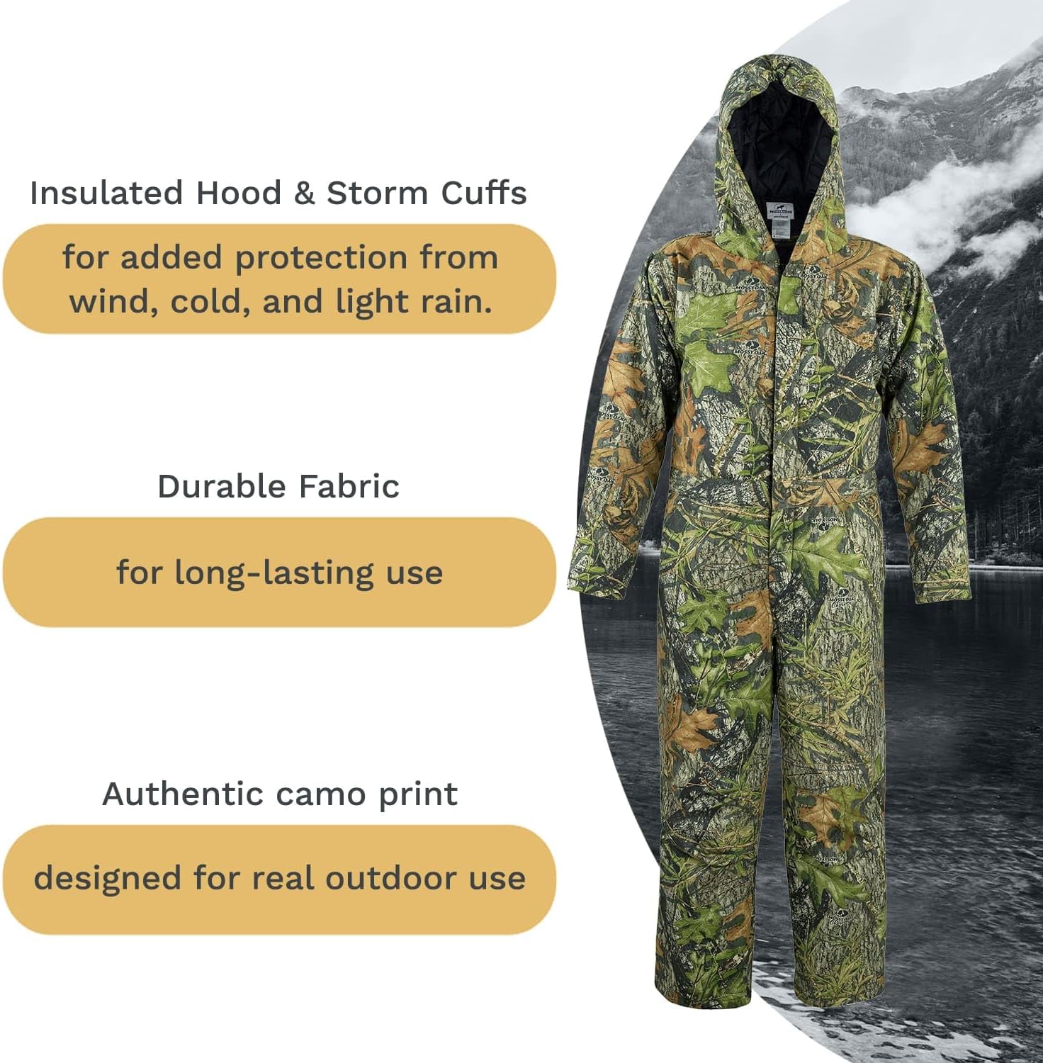 Kids Insulated Coverall with Hood - Mossy Oak Camo, Warm Hunting Suit for Kids with Zip Pockets & Storm Cuffs - Image 8