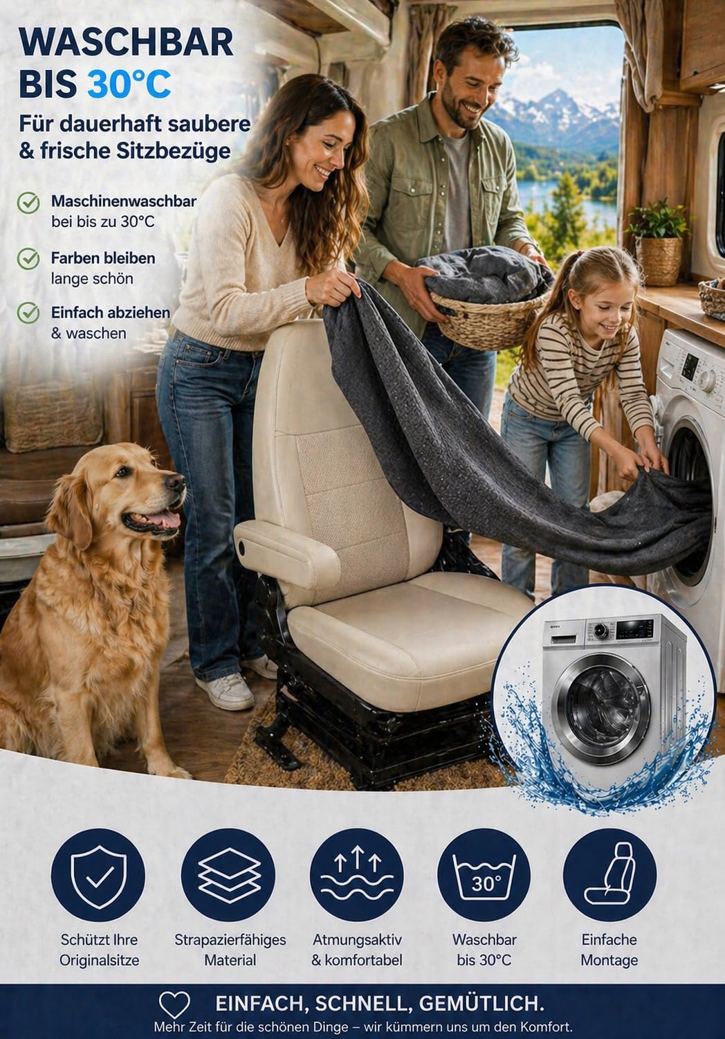 Generisch Fundas de asiento para autocaravana, piloto, asiento del conductor y del copiloto, 2 plazas, tejidos de alta calidad, lavables, juego 1+1 (negro)