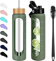 Vista 1 de Botellas de agua de vidrio de 32 oz - Vaso motivacional de 1 litro con marcador de tiempo - Vidrio de borosilicato con funda de silicona y 2 tapas