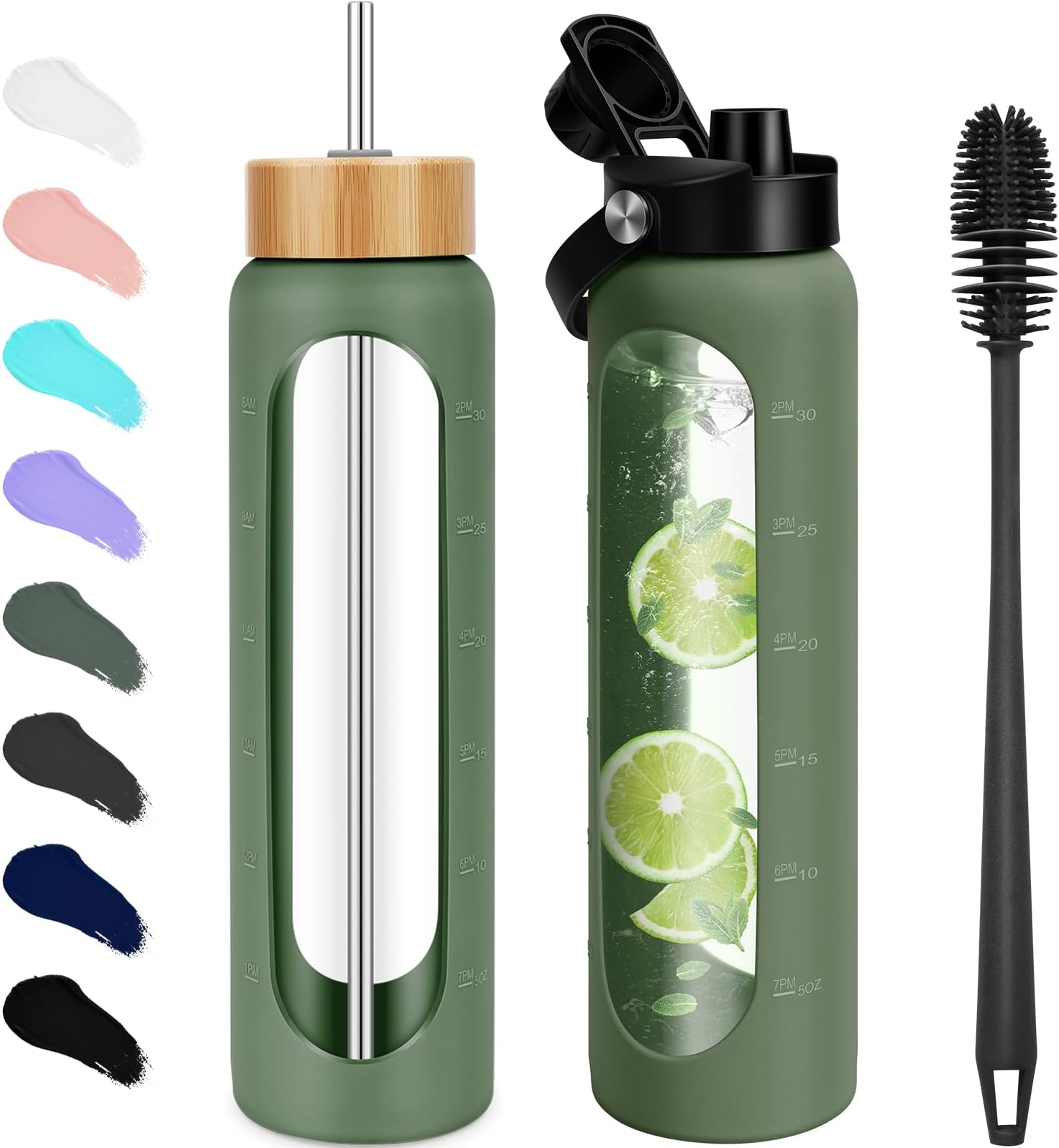 FULBEVY 32 oz Glass Water Bottles - 1 Liter Motivational Tumbler With Time Marker - Borosilicate Glass With Silicone Sleeve and 2 Lids, Handle Spout & Bamboo Straw Lid