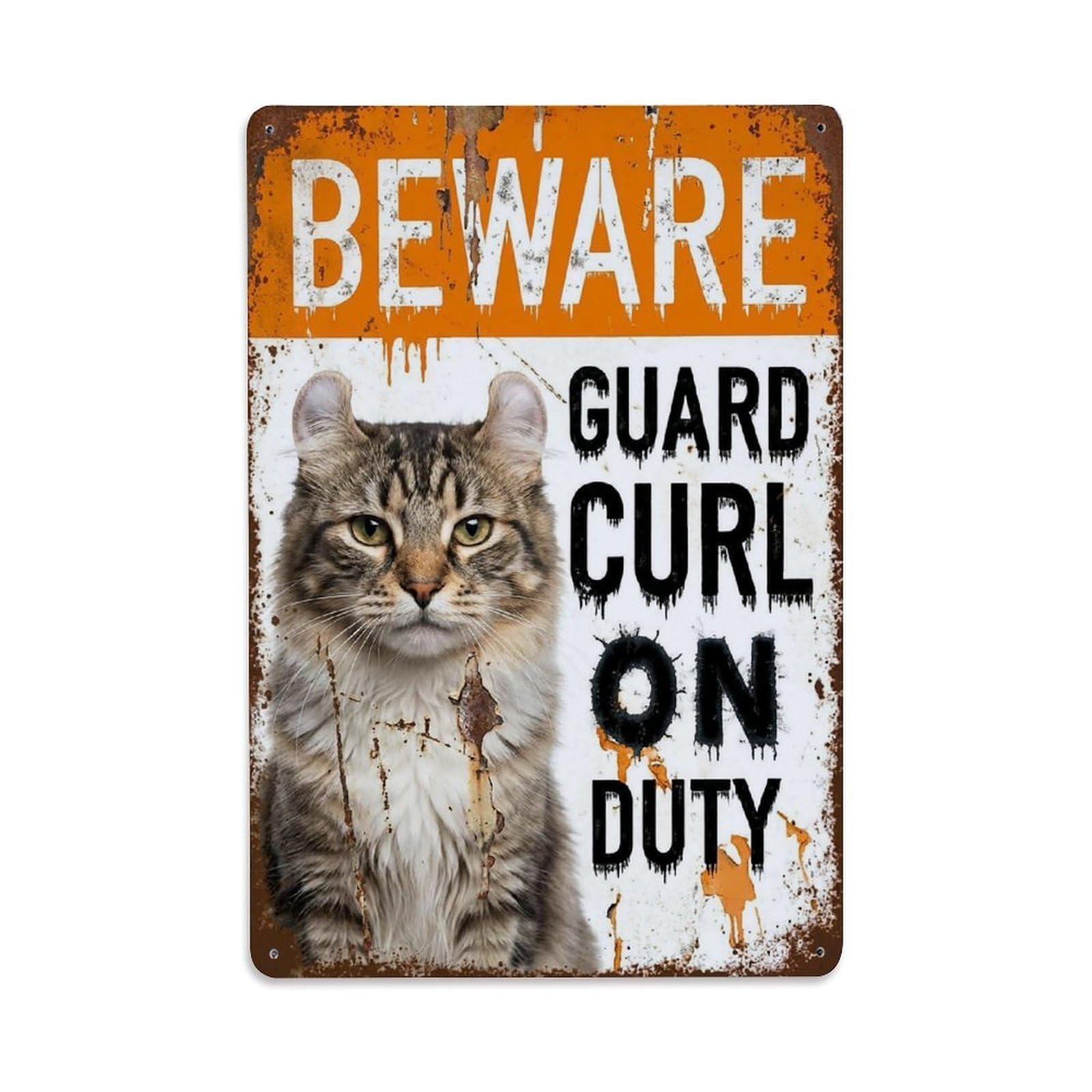 Vintage Funny Curl Guard Beware of Cat Steps Metal Tin Sign Plaque Wall Decor for Cafe, Club Bar, Office, Garden Metal Poster 8x12Inch