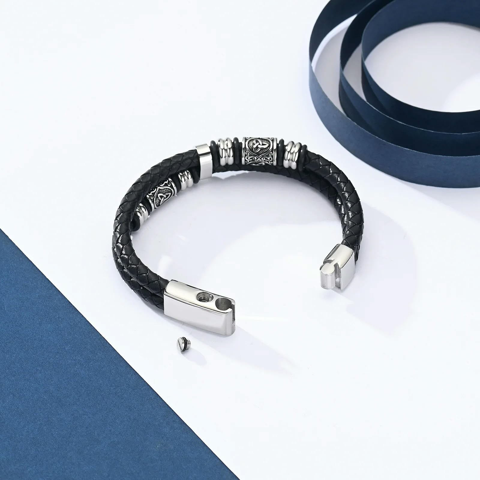XYNSNDB Bransoletka kremacyjna na popiół dla mężczyzn Biżuteria pamiątkowa ze stali nierdzewnej Pleciona skórzana opaska na nadgarstek Bangle Keepsake