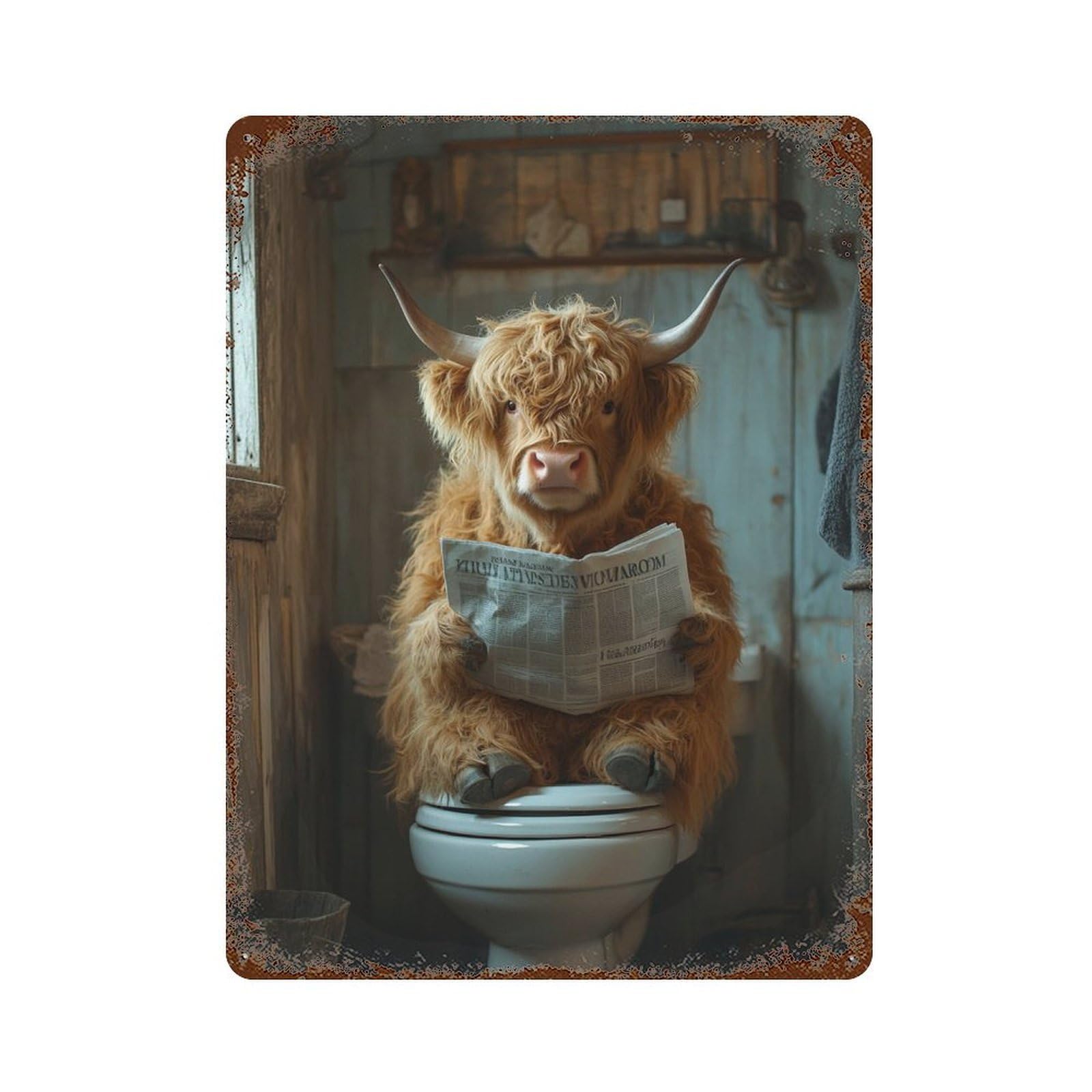 Cow Reading Newspaper on Toilet-3 15.7"x11.8" Rustic Tin Plaque, Novelty Wall Decor for Bistro, Counter And Cafe Decor