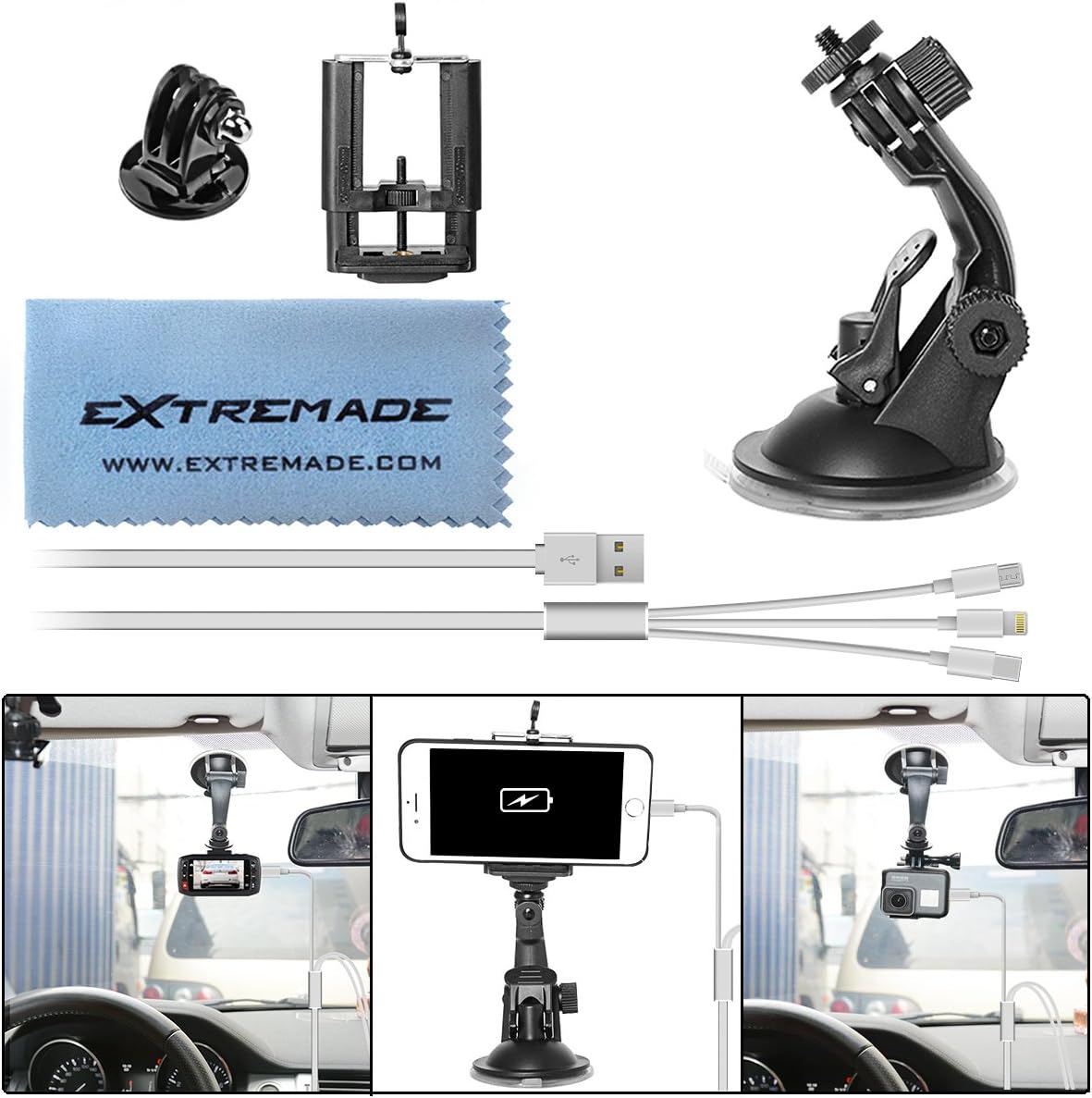 Car Suction Cup Mount Compatible for GoPro / Action Camera / Smartphone / Mobile Phone Car Camcorder Suction Holder Cradle Bracket w/ Super Wide Cell Phone Clip / Gopro Adapter / 3in1 USB Cable