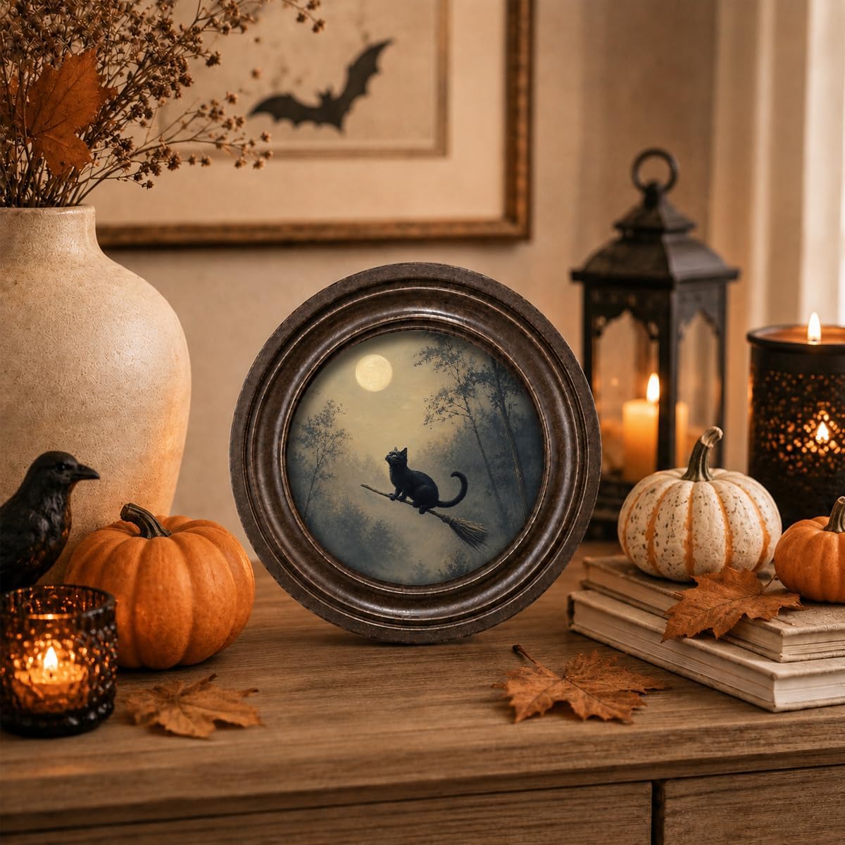 DNALWND Gothic Black Cat Round Wall Art, Funny Halloween Decor