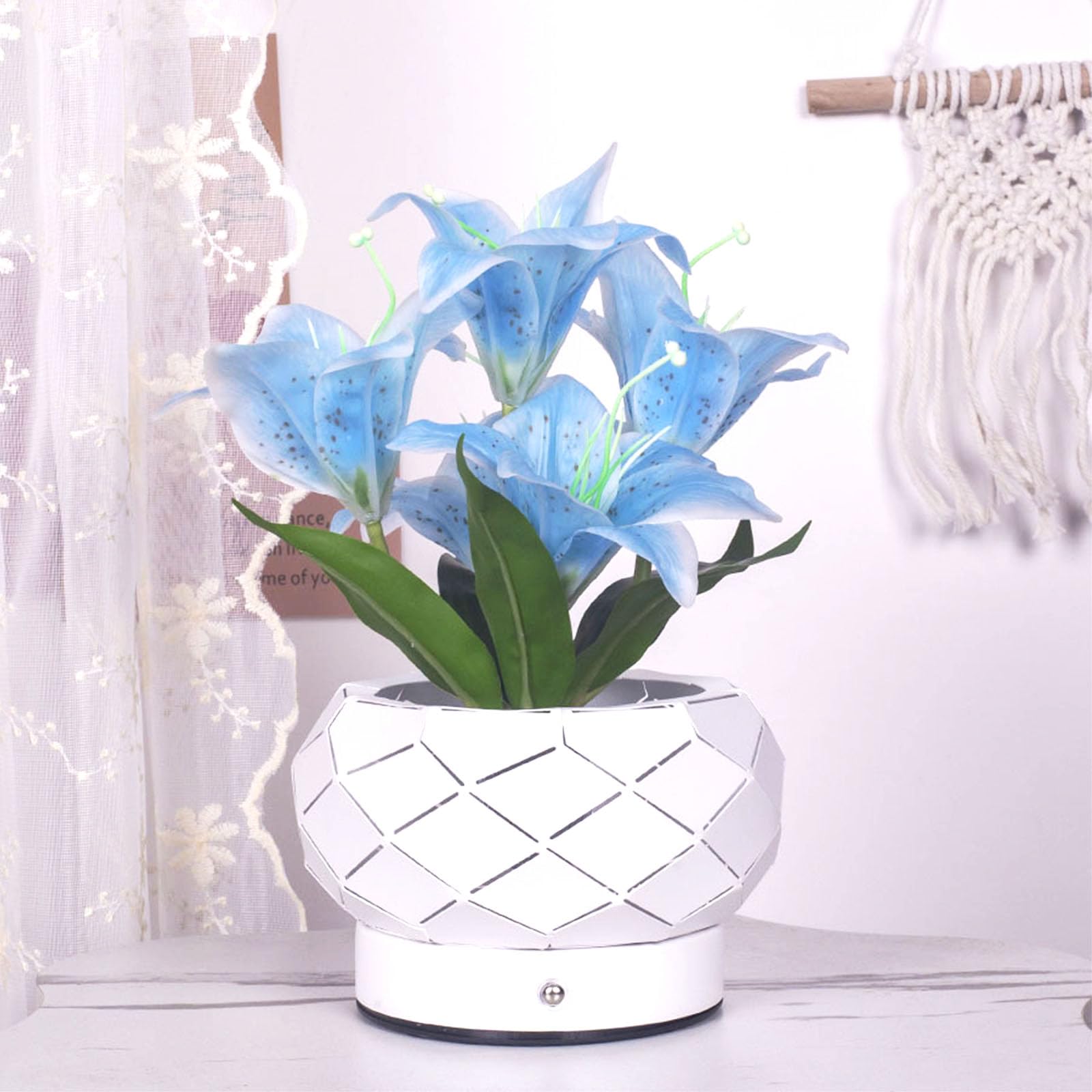 Lilien-Nachtlicht in geometrischem Eisen-Übertopf, 3 Farben, unendlich, dimmbar, Tischlampen, geeignet für Kindernachttisch, ein Geschenk für geliebte Menschen, Hochzeitsdekoration, Lilienblau, 11,9 x