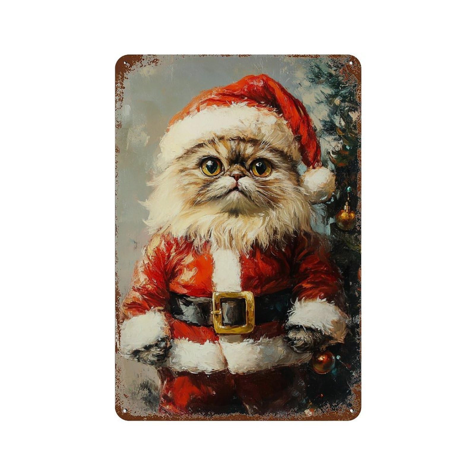 Christmas Cat Santa Claus Costume Rust Effect Tin Sign 11.8"x7.9", Decorative Metal Wall Art for Living Room, Hallway And Home Decor