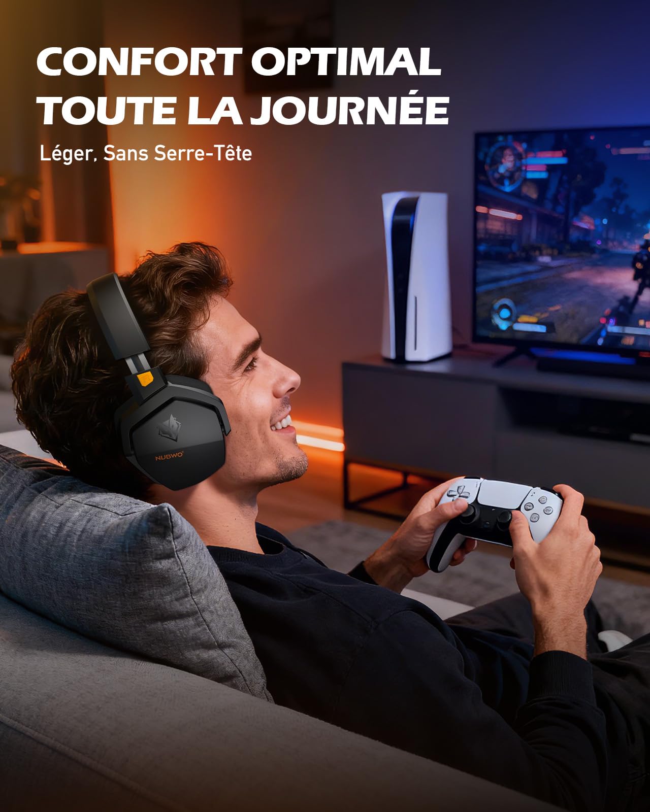 NUBWO G06 Double Casque Gaming sans Fil avec Microphone pour PS5, PS4, PC, NS, Mobile: 2,4 GHz Wireless + 5,3 Bluetooth - Batterie de 100 Heures - Pilotes de 50mm - Orange