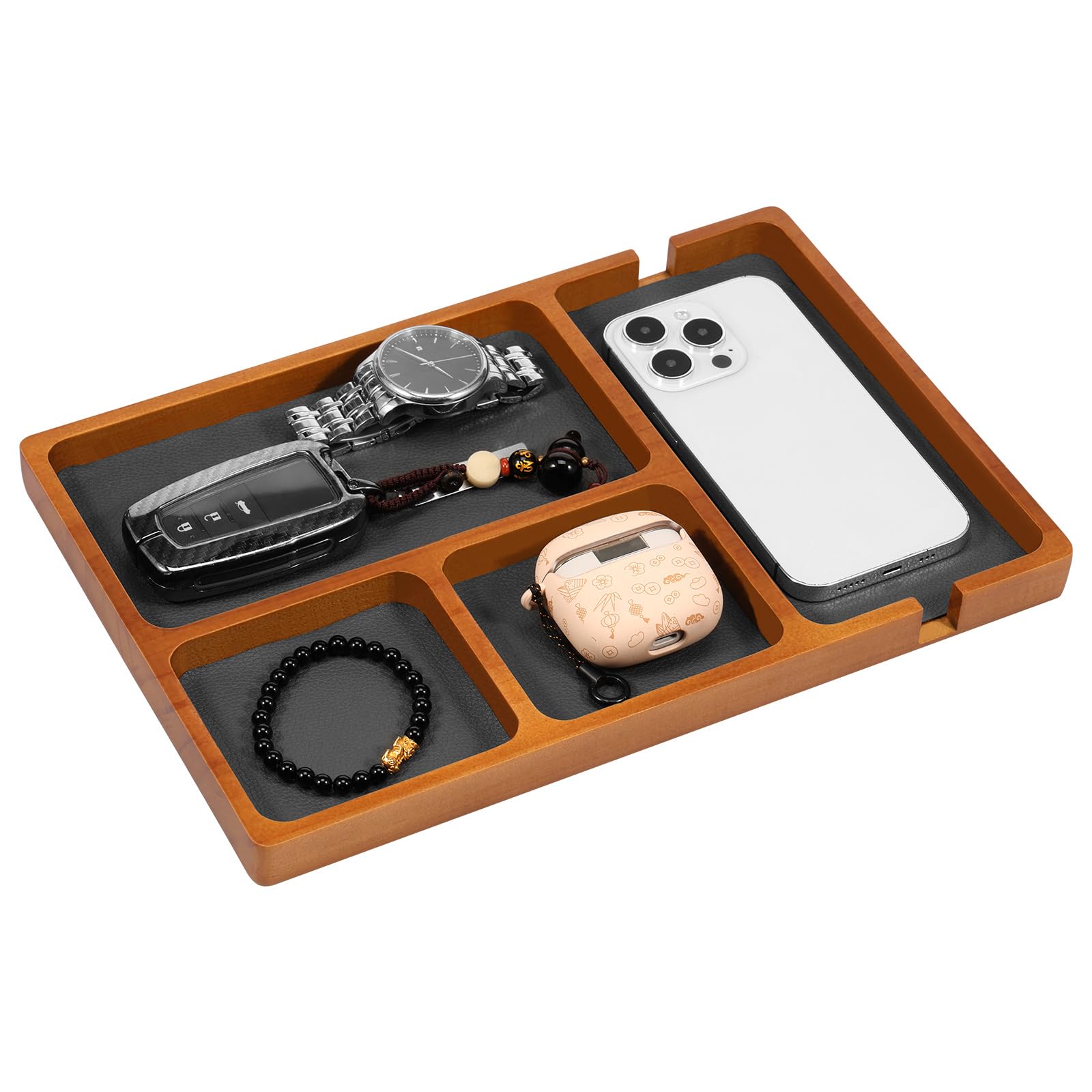 Bobash Wood Color Wooden Valet Tray With Removable Leather Pad Catchall Tray Stylish Entryway Bedside Desk Trays Wood Storage Organizer Trays With 4 Compartment Desktop Storage Organizer Storages Dish For Phone Key