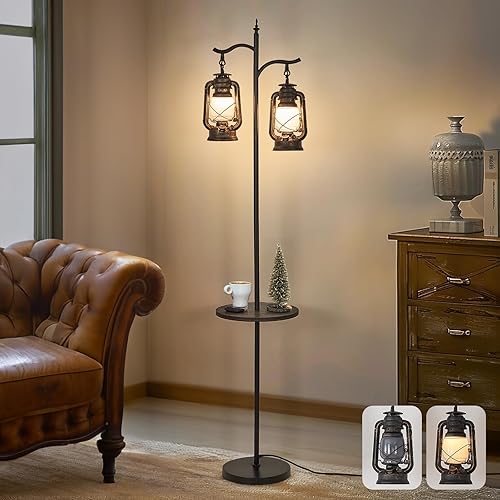 Lámpara de pie estilo granja con mesa, linterna de pie vintage de doble cabezal, lámpara de pie para sala de estar, dormitorio, lámpara de pie